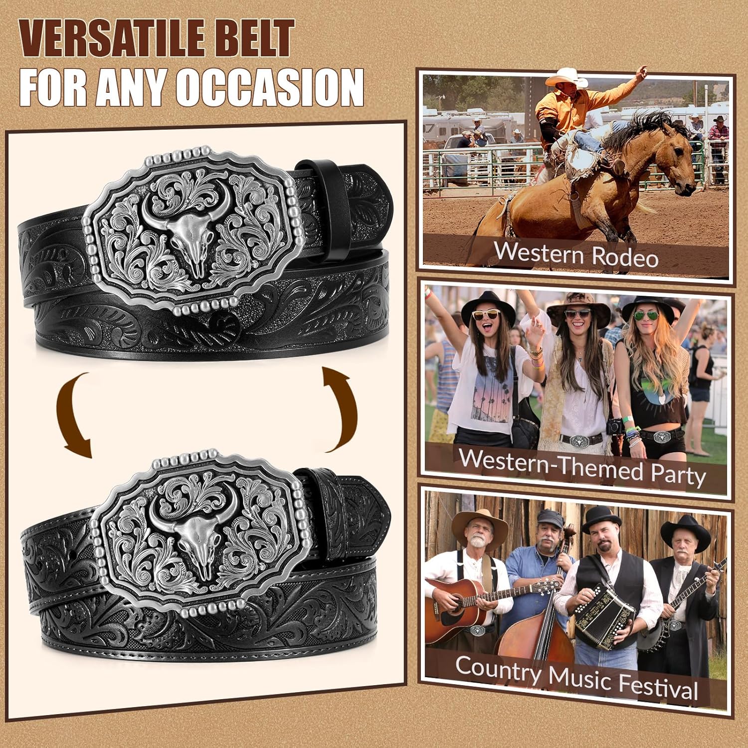 BELTROAD Cowboy Belts for Men Women Western Leather Buckle Belt Set Cowgirl Country Belt for Jeans Retro Christmas Gift Belt - Image 4