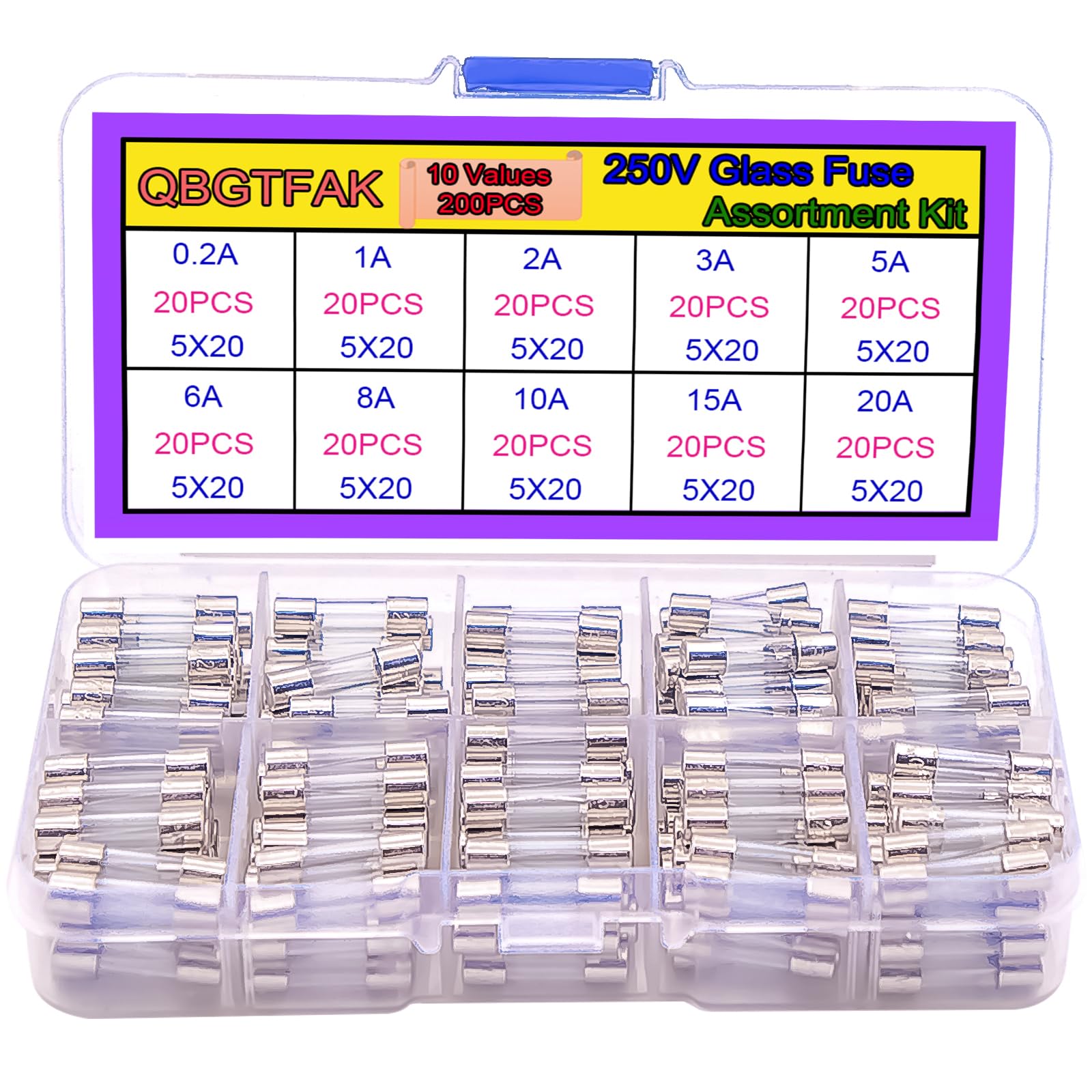 200pcs Quick Blow Glass Tube Fuse Assorted Kit Amp 250V 0.2A, 1A 200pcs Quick Blow Glass Tube Fuse Assorted Kit Amp 250V 0.2A, 1A