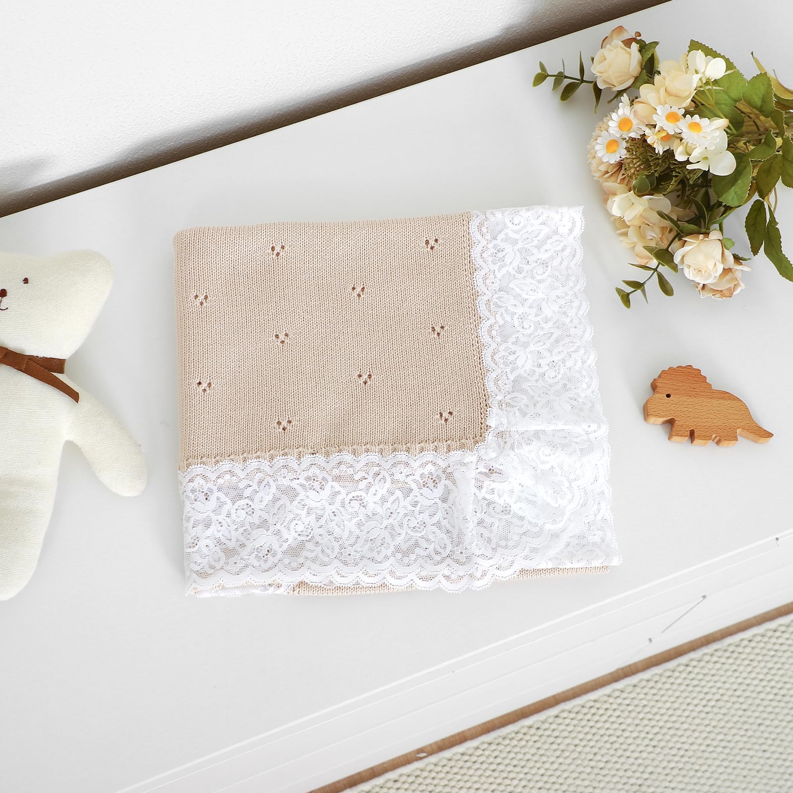 Hadetoto Knit Baby Blanket Cotton Soft Lace Crochet Cellular Blankets Baby Essentials for Newborn Girls Boy 82x102cm (Khaki) - Image 3