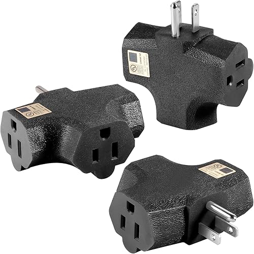 Miniatura 8 de Adaptador de pared de 3 tomacorrientes en forma de T, extensor de enchufe de 3 clavijas con conexión a tierra, 125 V 1875 W, enchufe de pared