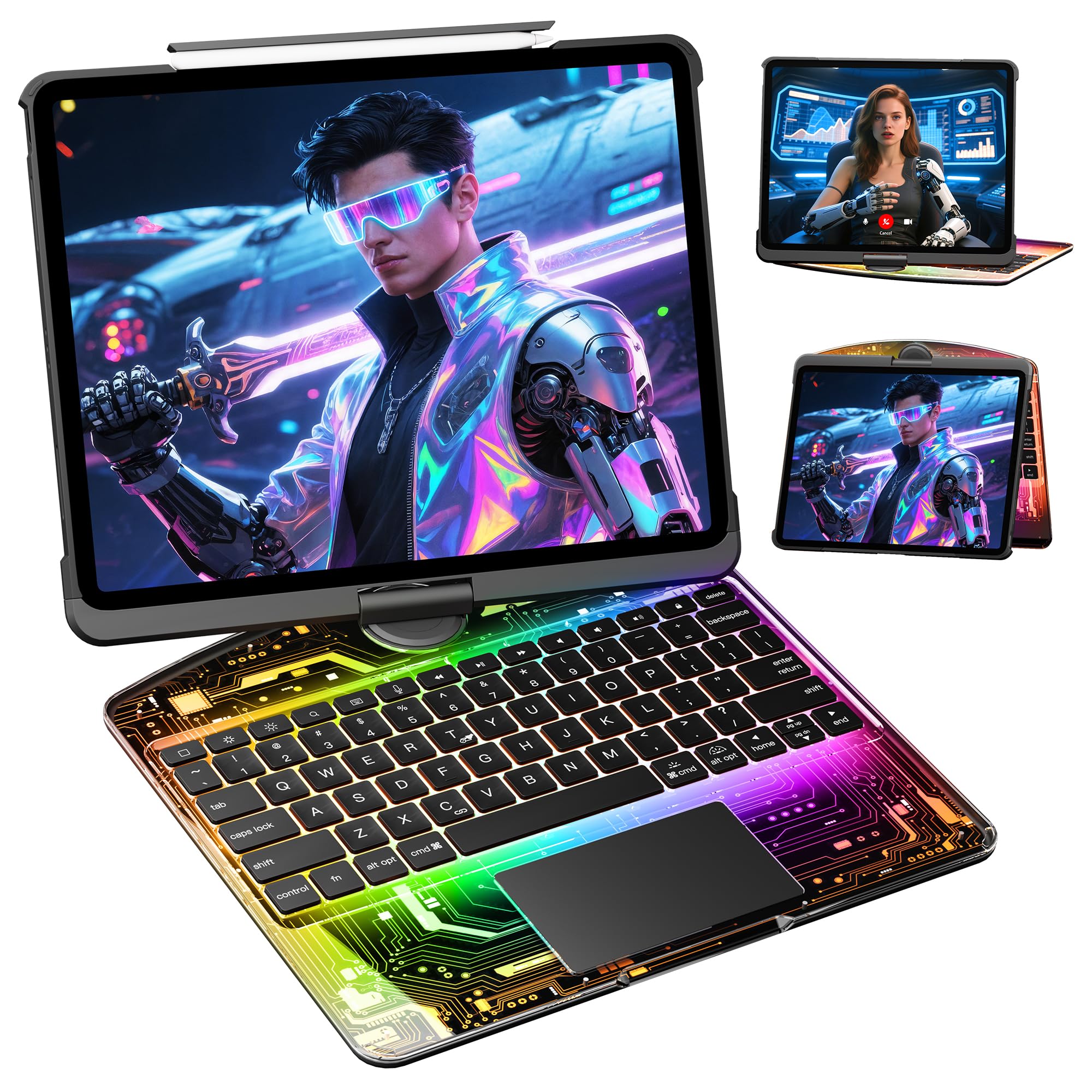 KITONE for iPad Air 11 Inch (M3/M2,2025/2024) Transperant Case with Wireless Keyboard, 7 Color Backlight, Trackpad, 360°Rotating Stand for 10.9" iPad