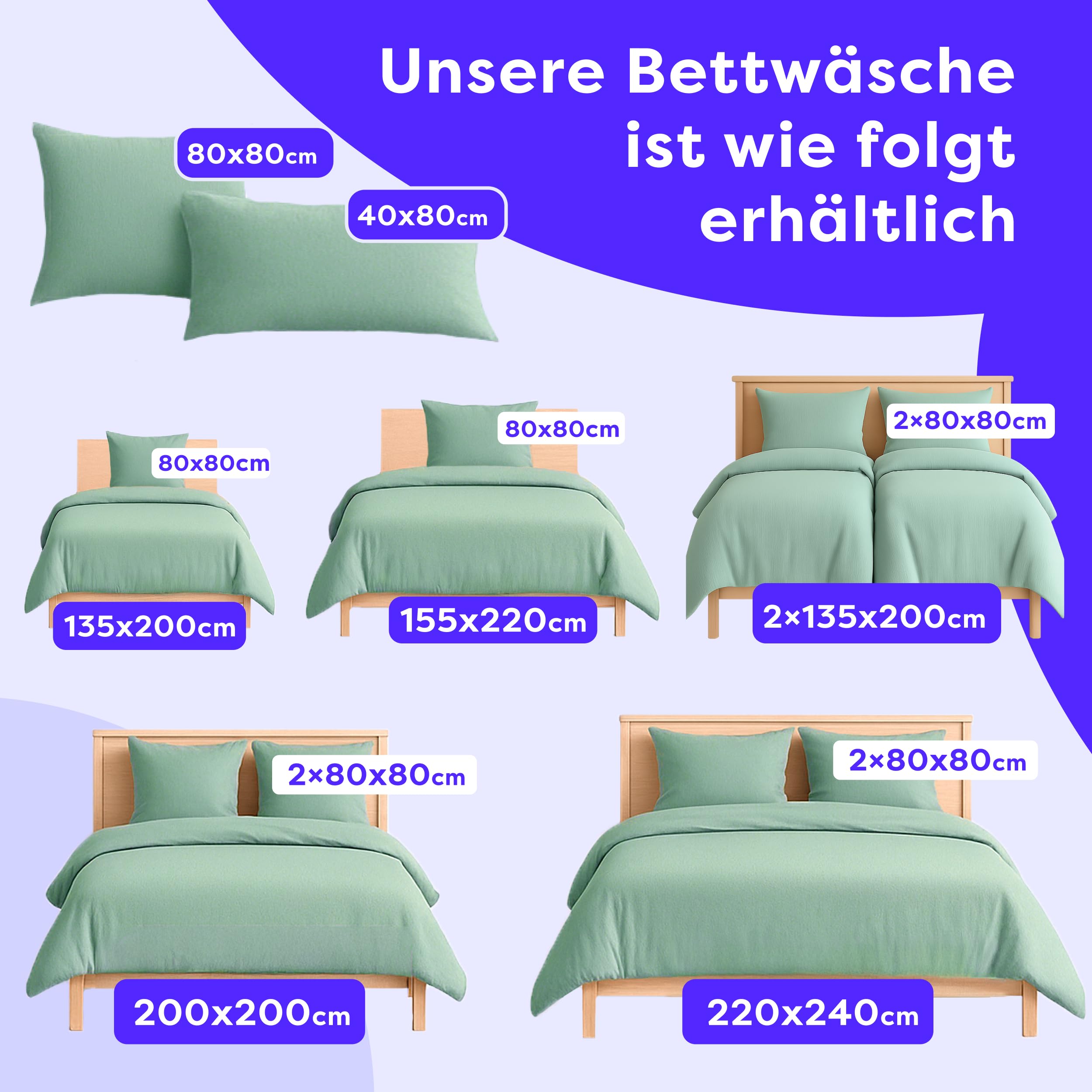 Wolkenfeld Premium Musselin Bettwäsche 135x200 mit Reißverschluss – Aus 100 % Baumwolle – Atmungsaktiv & Weich – Bettwäsche Musselin mit 80x80 Kissenbezug Grün