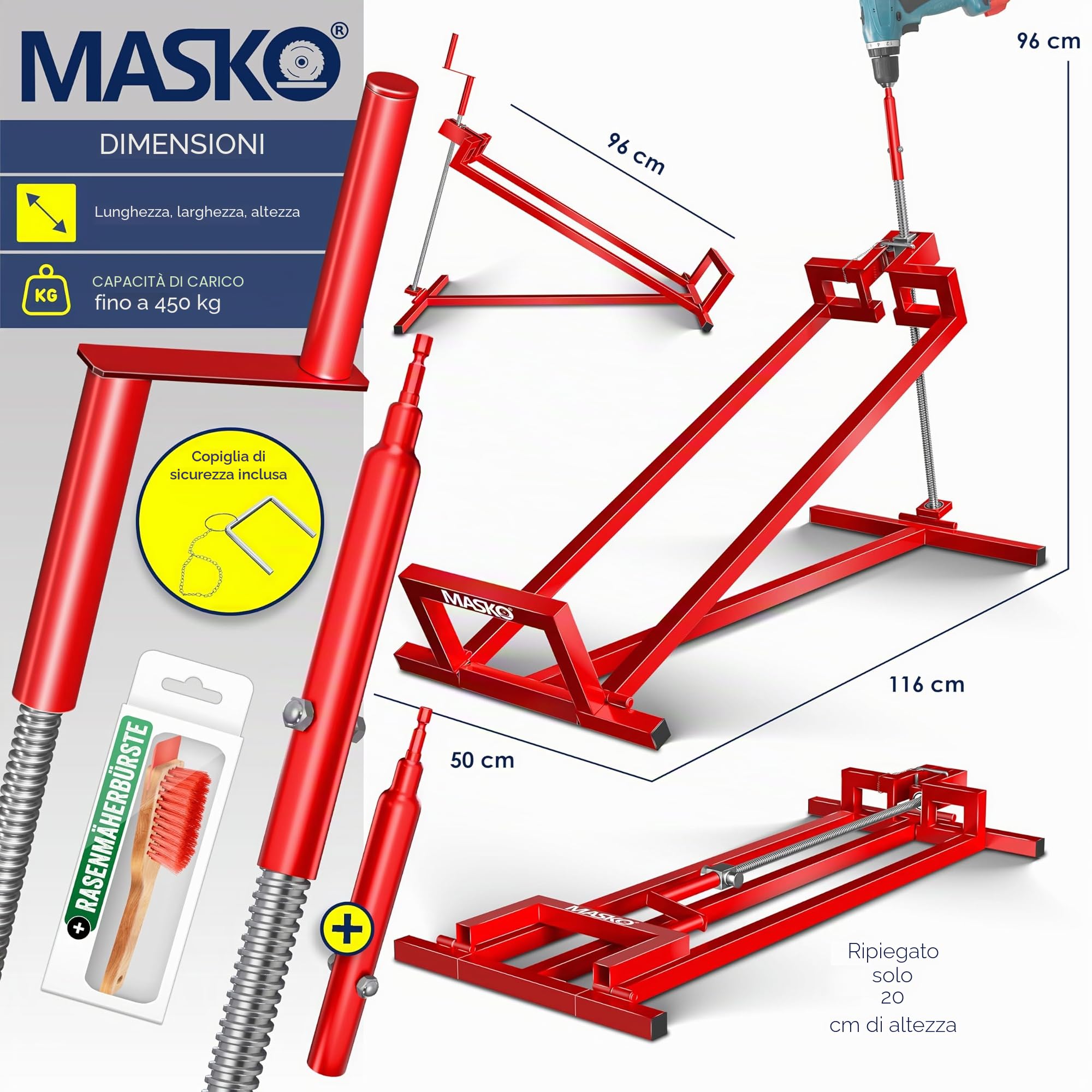 MASKO® Sollevatore XXL per trattorino tosaerba 450 kg, dispositivo di sollevamento, sollevatore universale per trattorino tosaerba, aiuto per la pulizia, +45° di inclinazione regolabile incluso