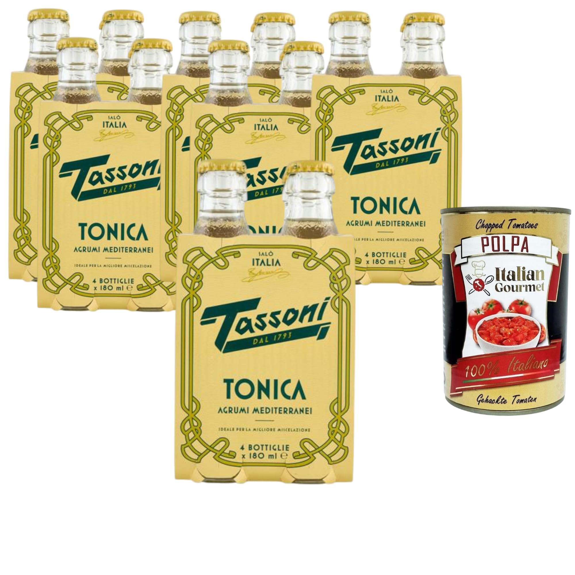 Italian Gourmet Tassoni Tonica Agrumi Mediterranei, Italienisches Tonic Water mit mediterranen Zitrusfrüchten, 24 x 180 ml+ Italian Gourmet Polpa 400 g