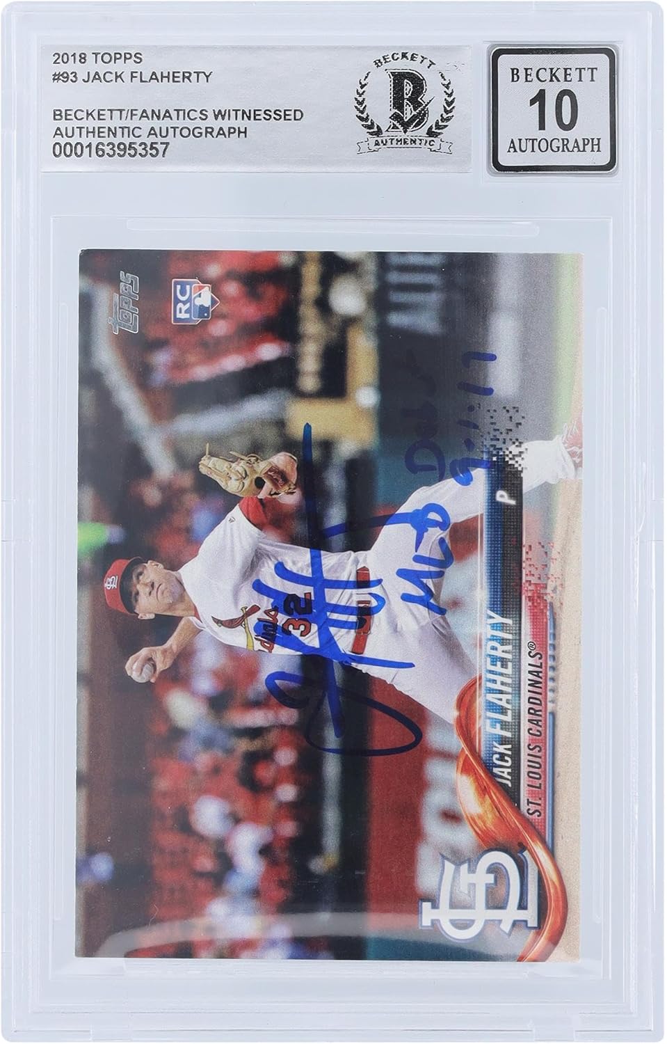 Jack Flaherty St. Louis Cardinals Autographed 2018 Topps #93 Beckett Fanatics Witnessed Authenticated 10 Rookie Card with "MLB Debut 9-1-17" Inscription - Baseball Slabbed Autographed Cards