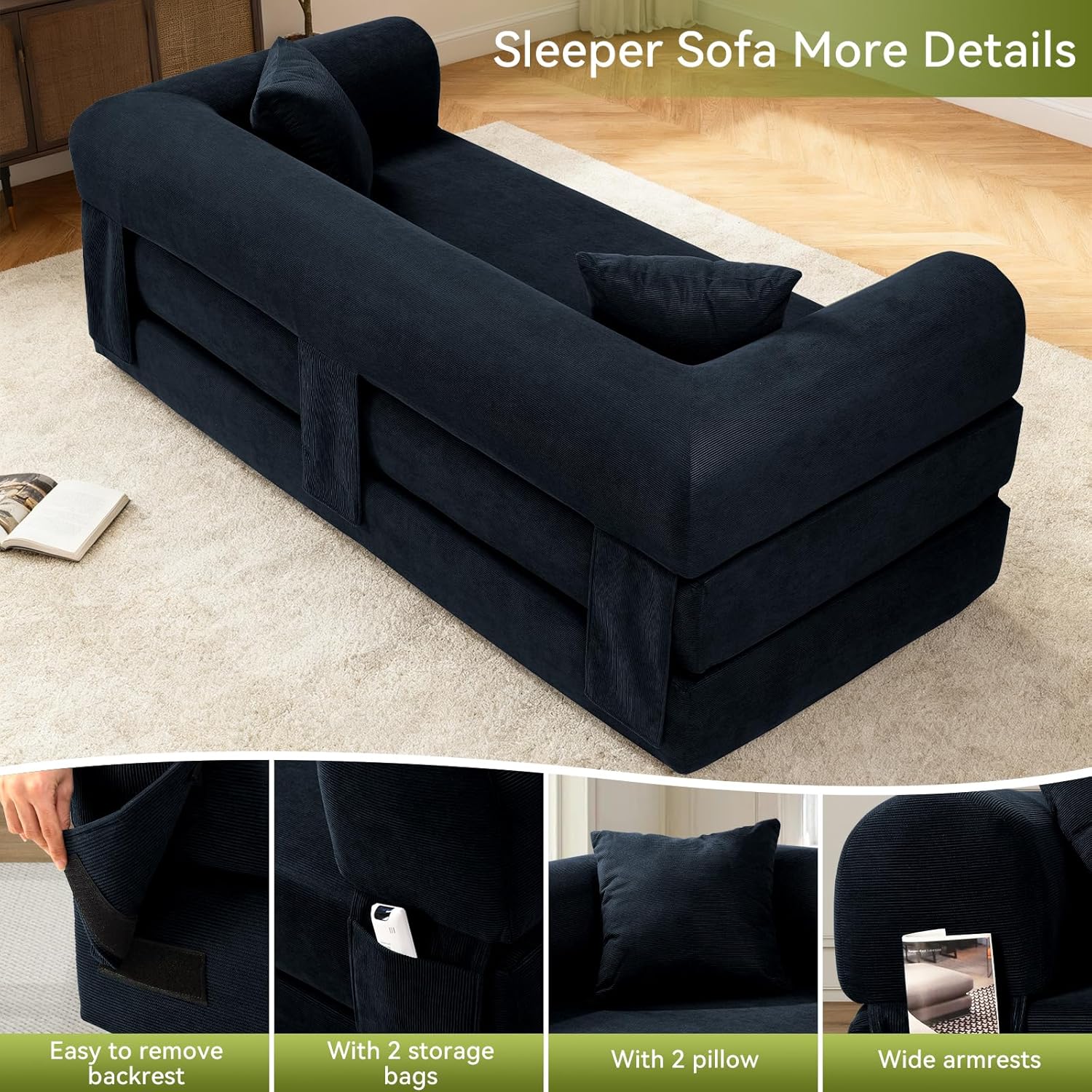 80 Inch Convertible Sofa Bed,Folding Pull Out Couch with Pillows & Storage Pocket,Corduroy Queen Sleeper Sofa in a Box,No Assembly Boneless Couch for Living Room,Deep Blue