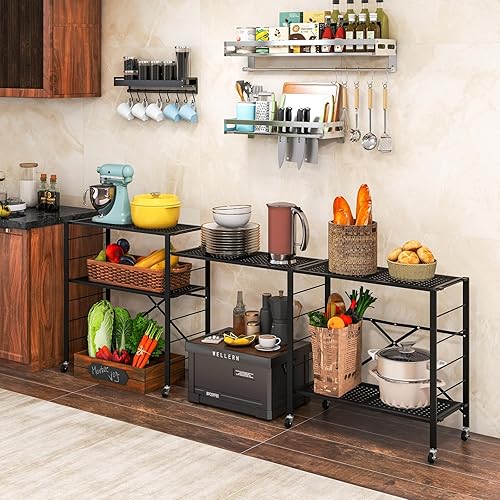 Miniatura 8 de GOFLAME Estantes de almacenamiento plegables de 5 niveles, estantes ajustables con ruedas, estantería desmontable, gran capacidad, estante de