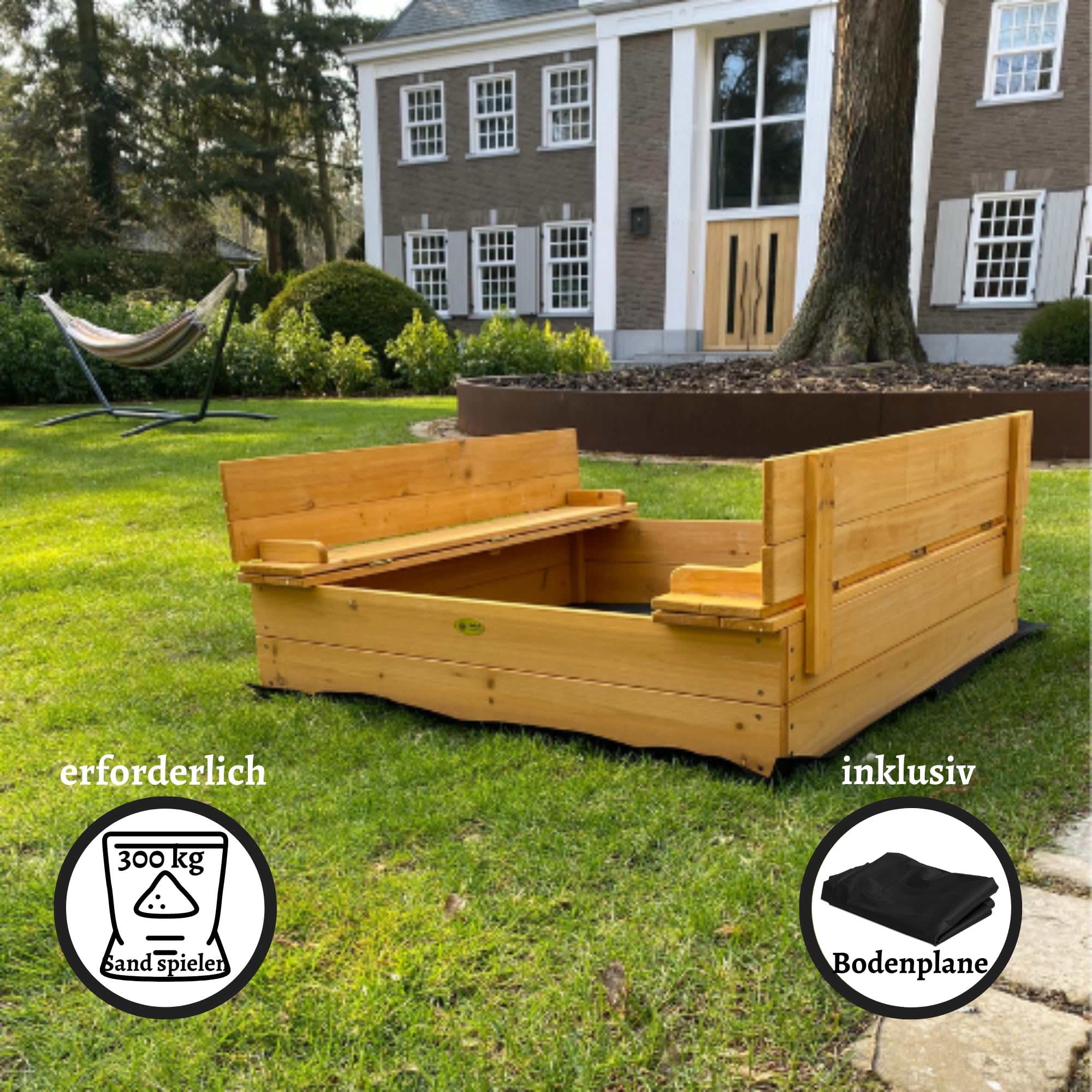 Bac à sable en bois - Pliable - 2 banques - Bâche de sol incluse - 127x123x23cm