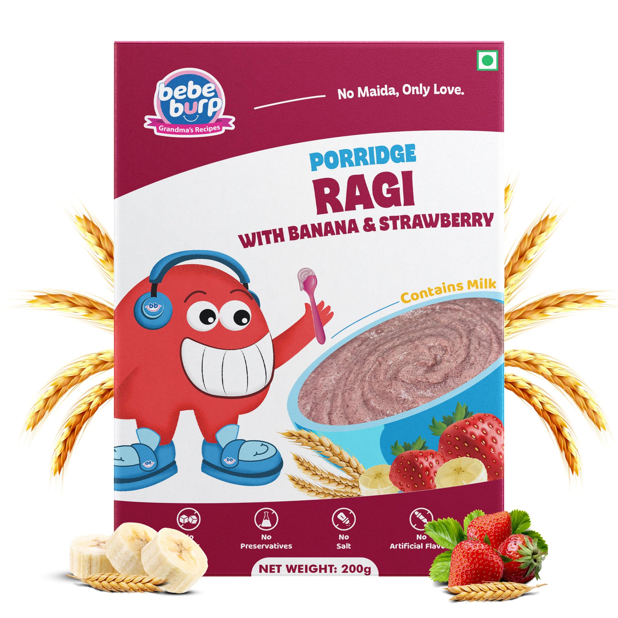 Bebe Burp No Added Sugar Instant Cereal | Ragi, Strawberry and Banana with Milk | No Preservatives No Salt | Made with Jowar and oats, 200g