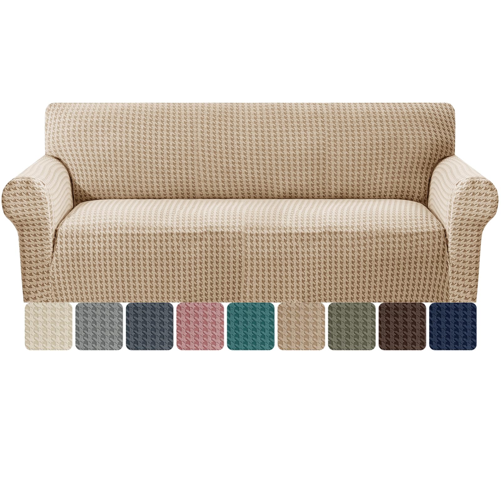 MAXIJIN Stretch 3 Seater Couch Cover Sofa Covers (71"-91" Washable Sofa Slipcovers with Non-Slip Foam & Elastic Strap, Dog Cat Pet Friendly Furniture Protector (Khaki, 3 Seater)