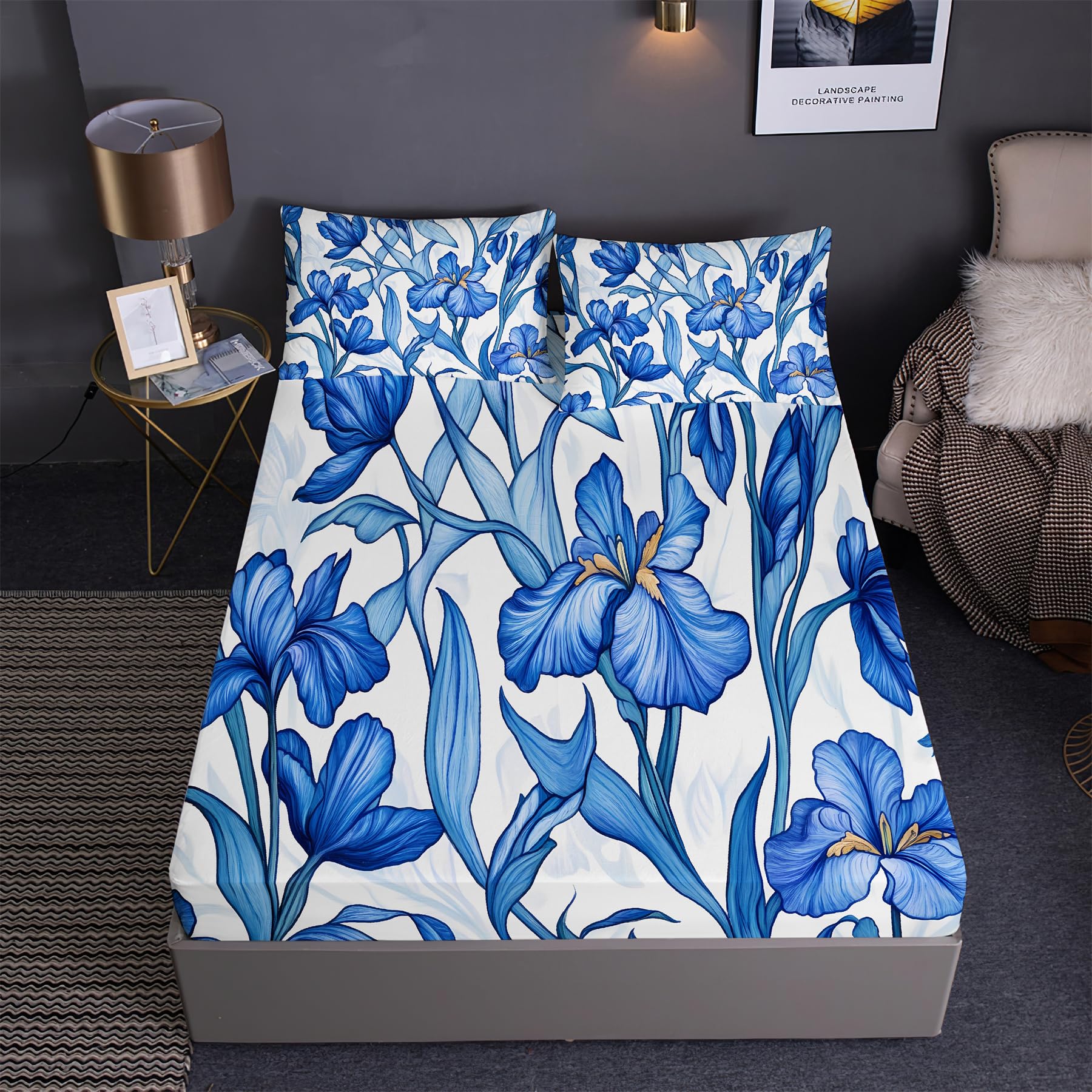 Parure de lit microfibre grand lit King avec drap housse iris stylisé DEZEE