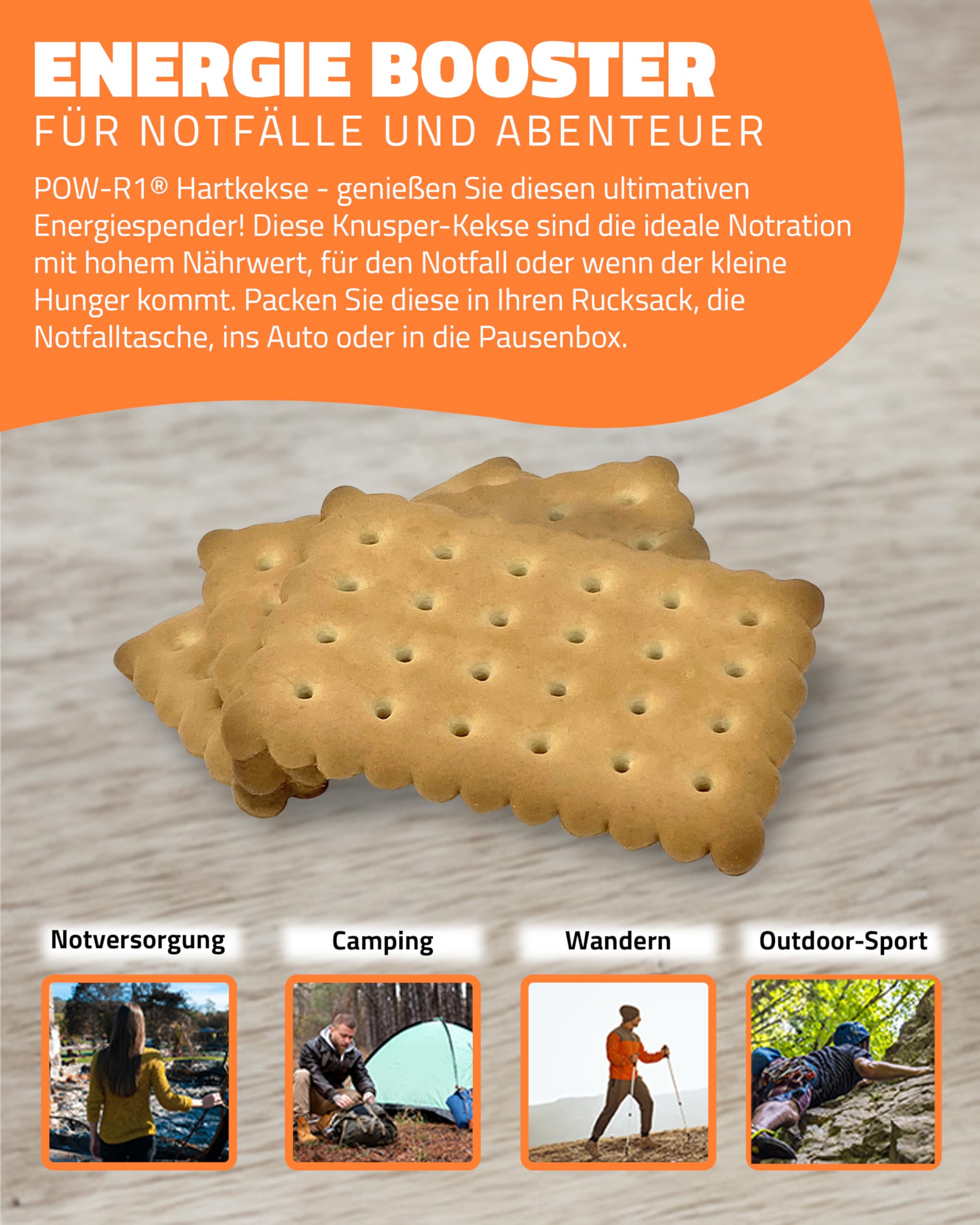 ration1 POW-R1 Hartkekse, 60er Pack, 60 x 155g, Butterkeks Geschmack | Abgepackte Kekse, 14 Plätzchen je Packung, Panzerkekse, Butterkeks-Geschmack, für Outdoor, Camping, Festival und Notfall