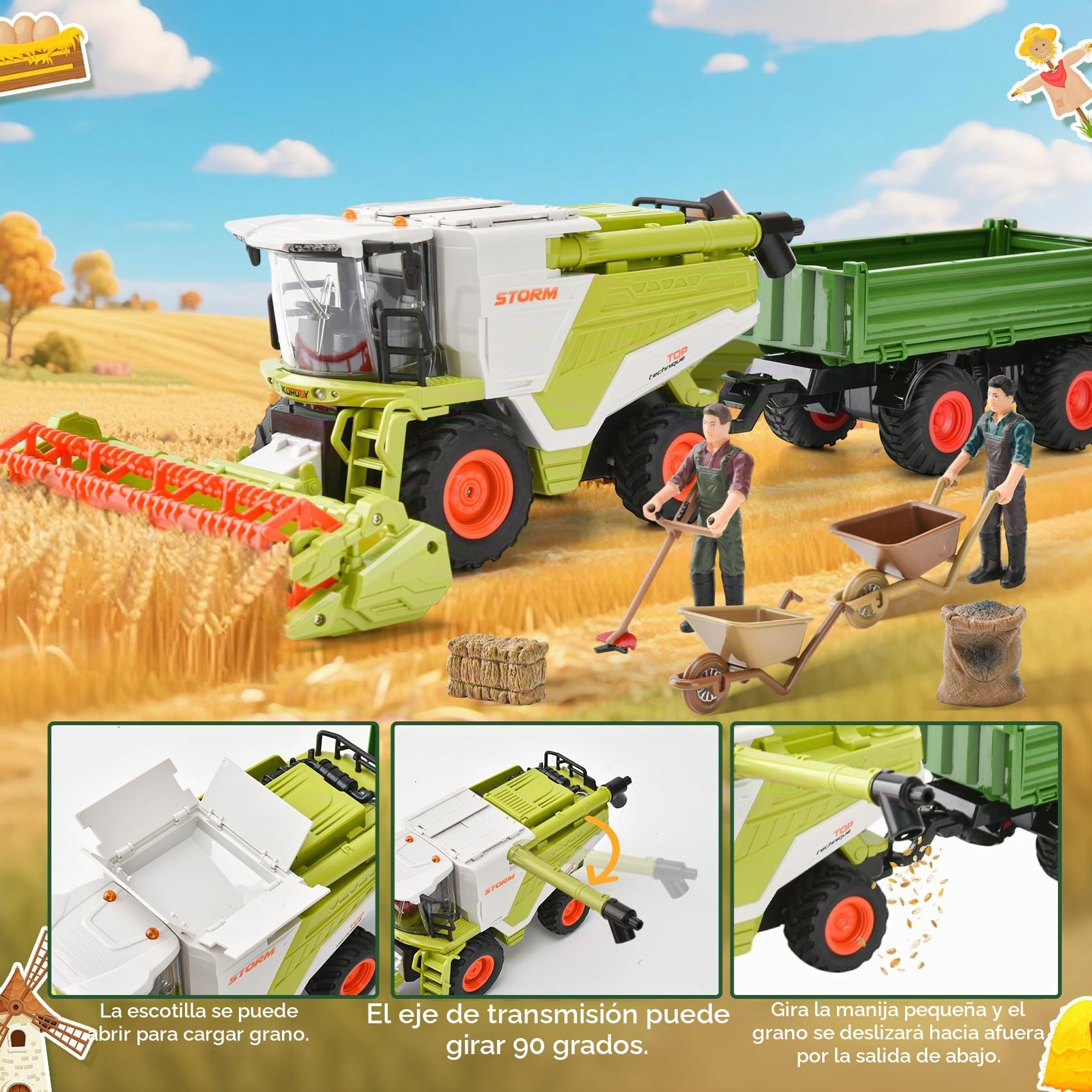 2 en 1 RC Cosechadora teledirigida grande, juguete cosechadora con luz, sonido y función de pulverización | Varios accesorios para escenarios de granja niños de 3 a 8 años
