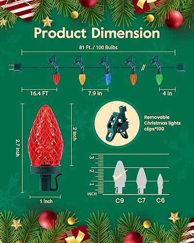 Miniatura 7 de Luces de Navidad C9 para exteriores con 110 clips de resorte, 81 pies, 110 luces LED C9, impermeables, conectables para exteriores, techo, patio,