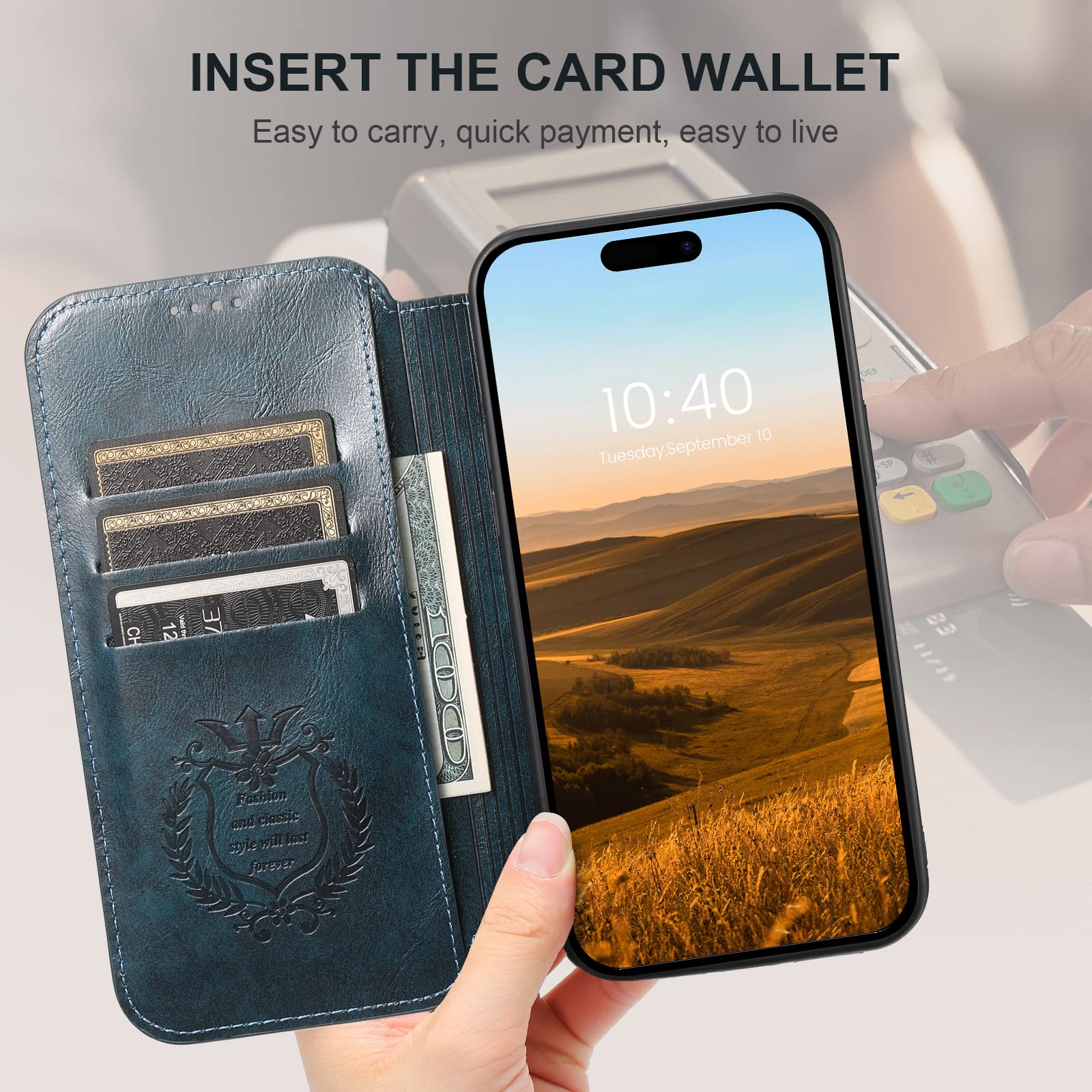 Custodia in pelle per iPhone 16 Pro Max/16 Pro/16 Plus/16, ultra sottile, a portafoglio, con chiusura magnetica, con supporto per carte di credito, supporto per ricarica wireless magnetica
