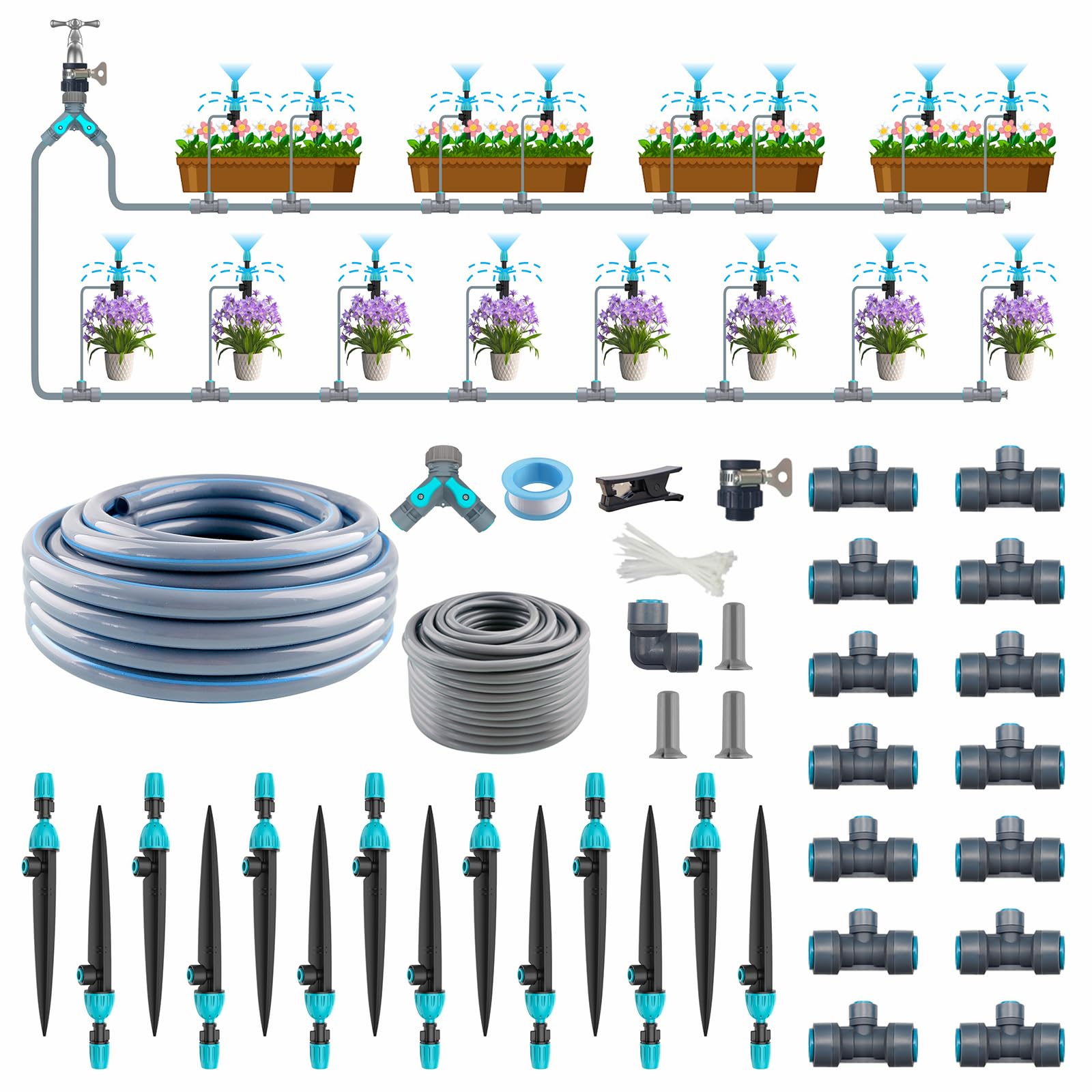Drip Irrigation System 98ft, Fast Connect Automatic Irrigation Kit with 12mm, 6mm Blank Distribution Tubing and Accessories, DIY Garden Watering Equipment for Garden, Greenhouse, Flower Bed, Patio