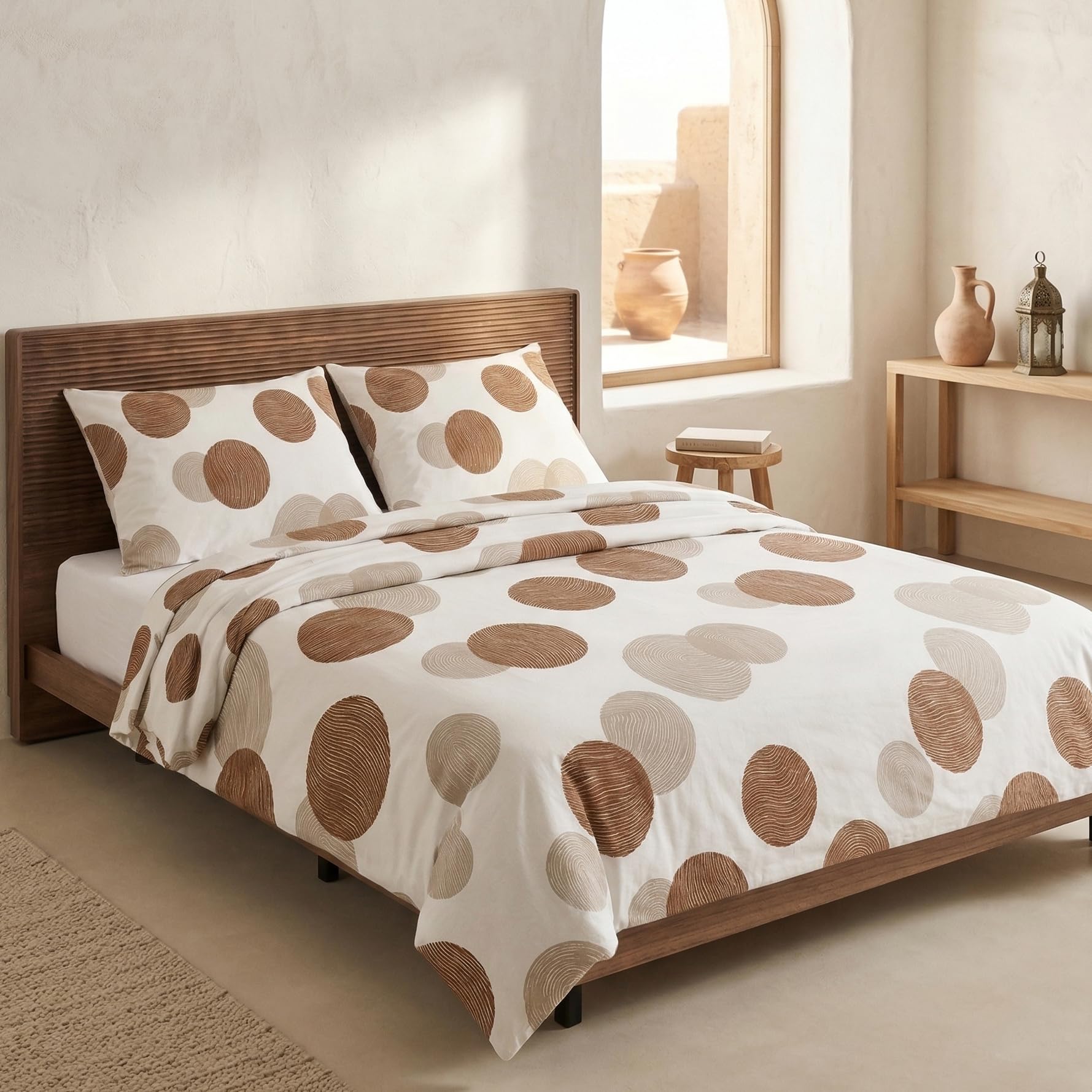 Duvet Cover Set 100% Cotton Circles for 135/140 cm Bed, with Pillowcases, Brown/Taupe Reversible. No Filling Included.