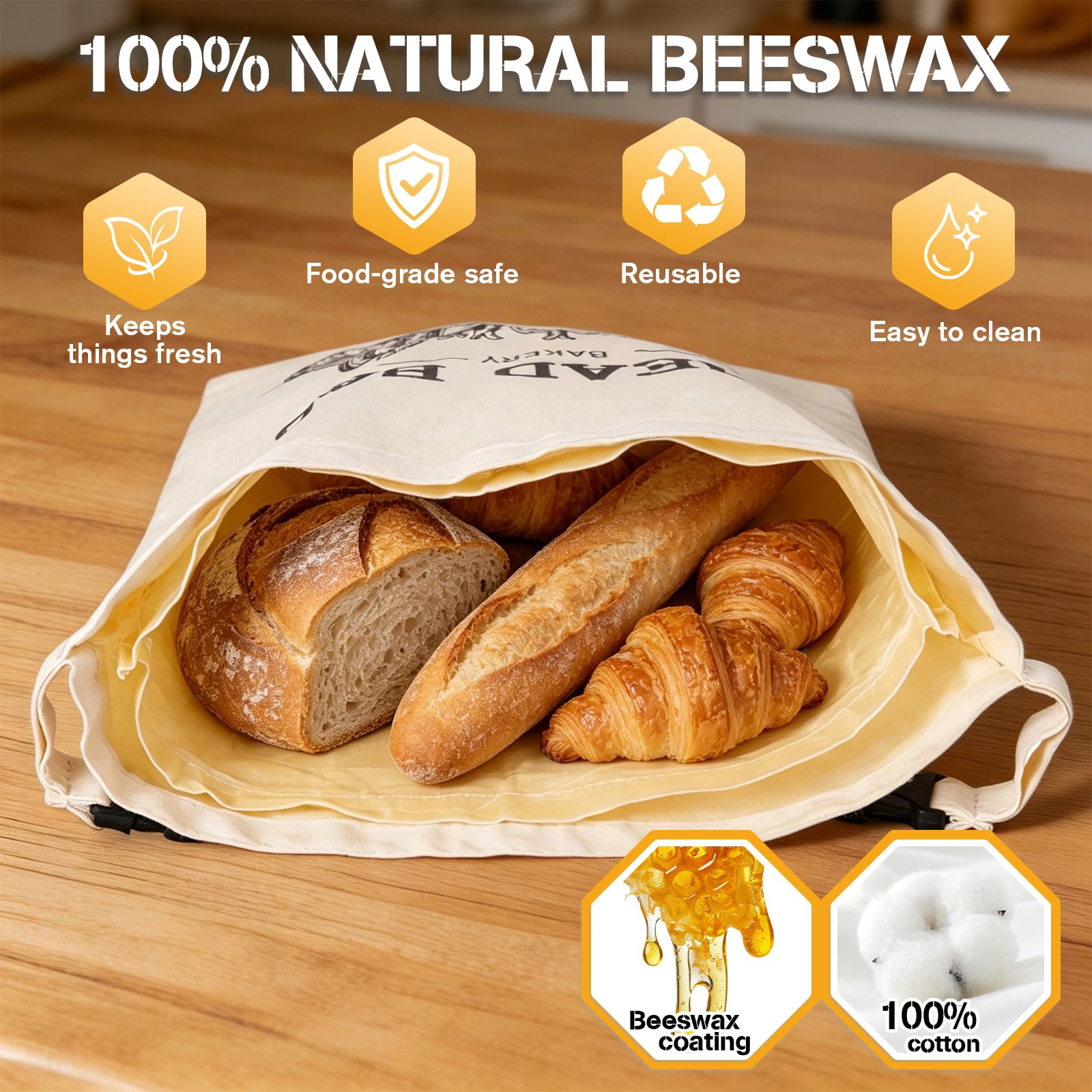 2 bolsas de pan, bolsas de pan reutilizables de cera de abejas, bolsas de lino para masa madre, bolsas de algodón con revestimiento de cera de abeja natural para pan, frutas y verduras (1)