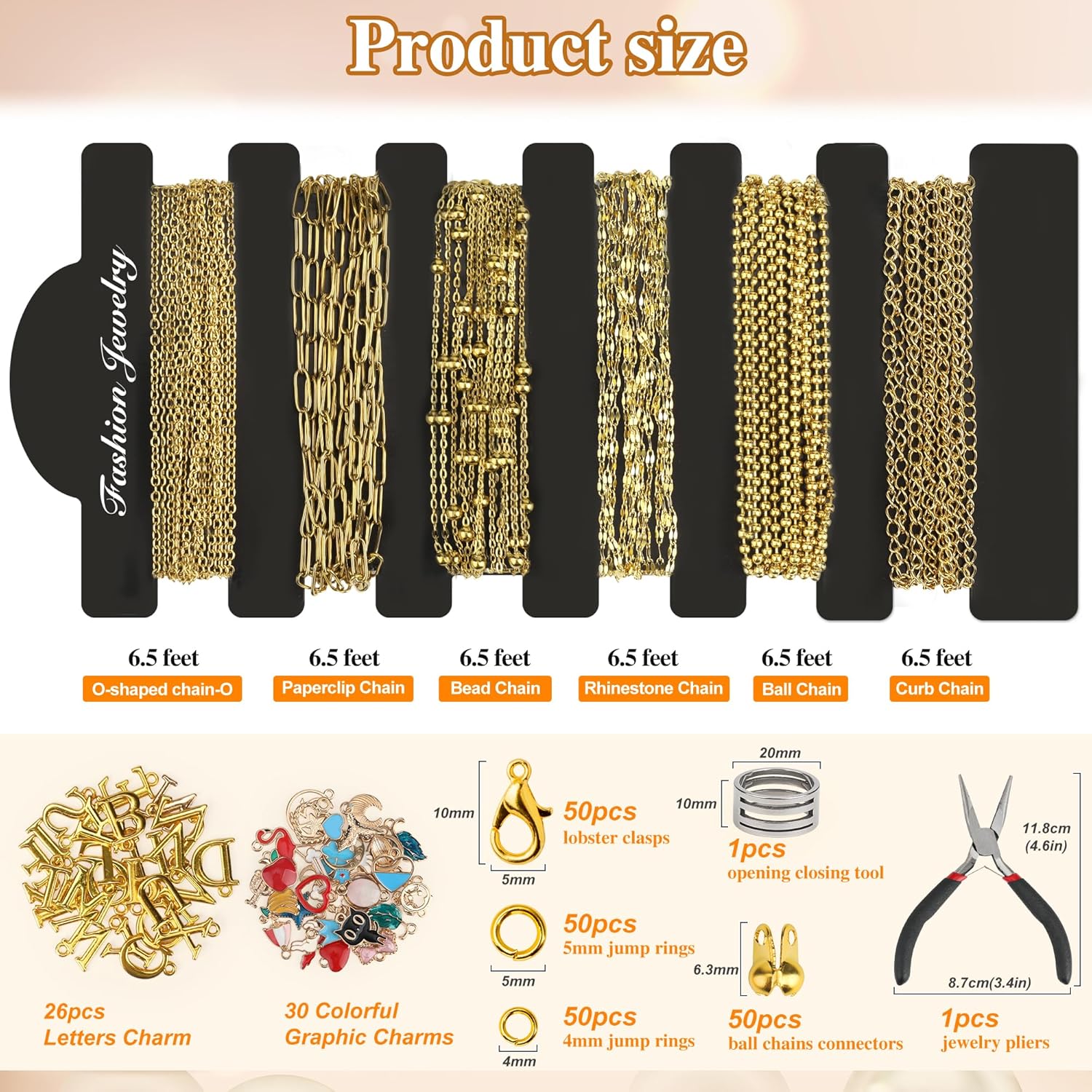 18k Gold Plated Stainless Steel Jewelry Chains Kit 39.3FT 6 Rolls Bulk (6.5FT/2M) with Letter Pendants, Colorful Charms, Pliers, Jump Rings, Lobster Clasps for DIY Necklace Bracelet Making - Image 3