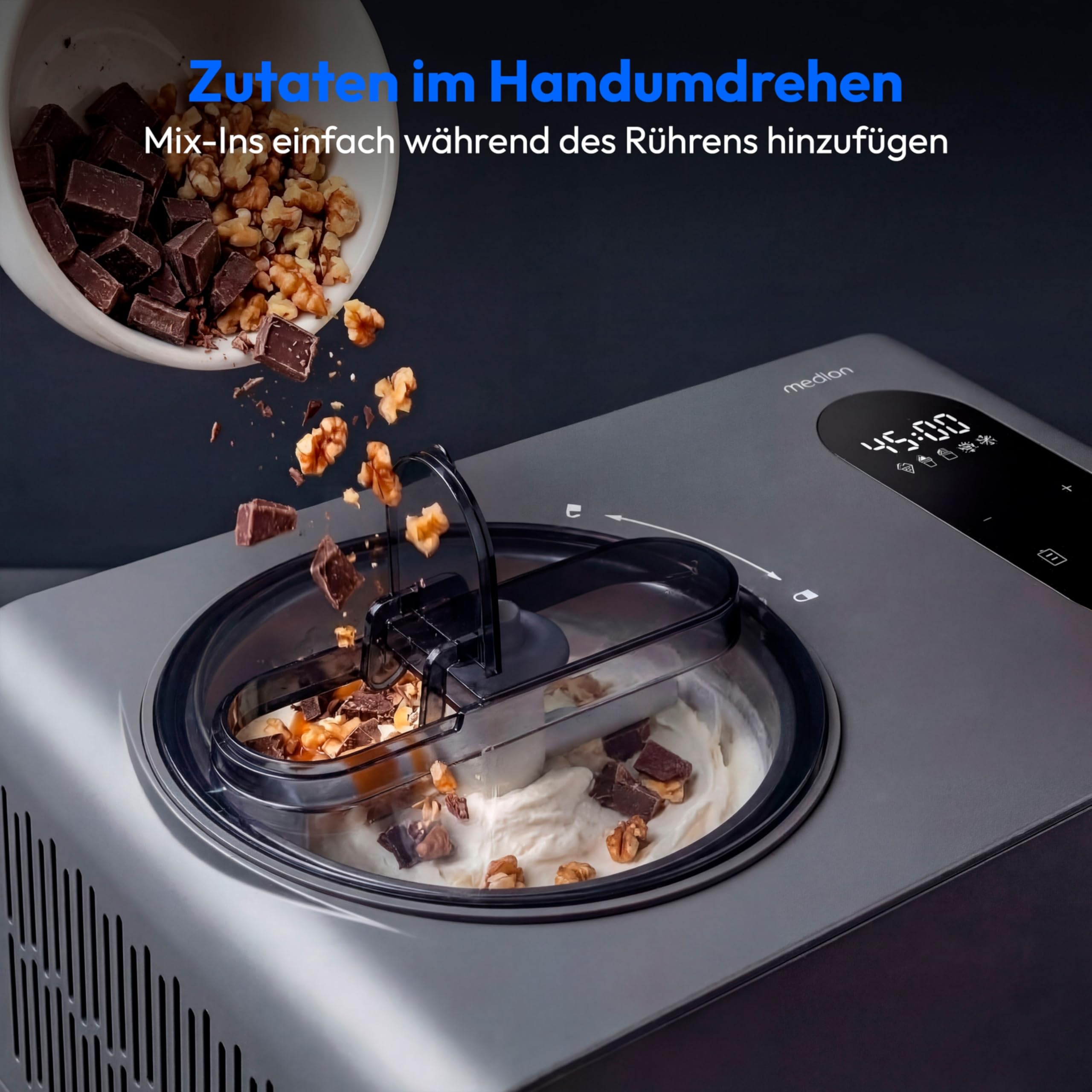MEDION Eismaschine mit Kompressor 1,5 Liter, Eiscreme Joghurt & Slush ohne Vorkühlen, Touch-Display, MD 100087