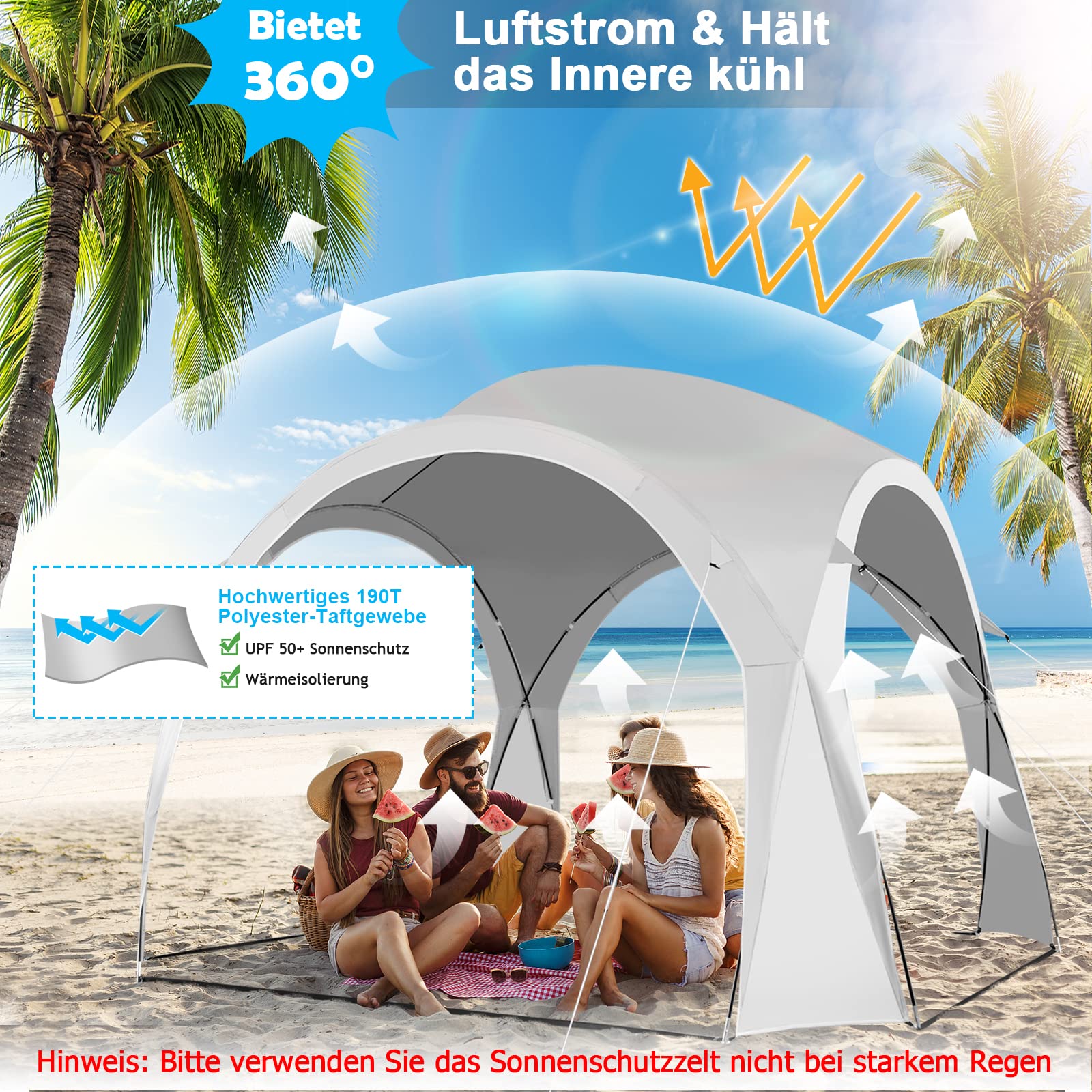 GOPLUS 327 cm x 327 cm namiot chroniący przed słońcem, przenośny namiot plażowy z ochroną UPF 50+, torba do przenoszenia, 16 słupków, 8 linek przeciwwiatrowych, łatwy w montażu baldachim na świeżym powietrzu, na kemping, wędkowanie, piknik, biały