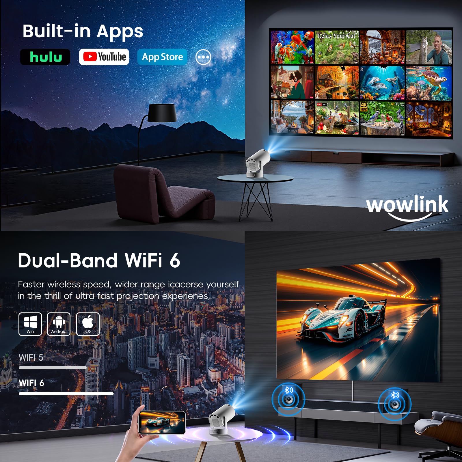 Mini Beamer 4K Full HD 1080P 2026 Neueste Eingebaute Apps 1080P FHD WiFi 6 BT 5.4 Auto Screen Keystone Korrektur Smart Projektor Tragbar Auto Horizontal Trapezoid Correction, Ultrakurzfokus, Weiß