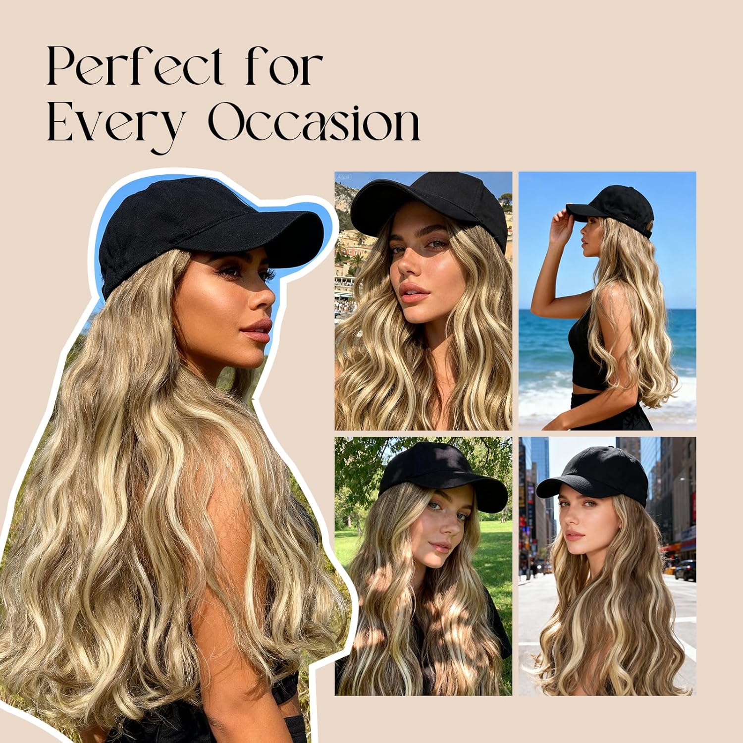 Onedor Hat Wig for Women Baseball Cap with Hair Extensions 20 Inch Long Wavy Synthetic Wig Hat Adjustable Hat with Wig Attached for Daily Wear(16H613)