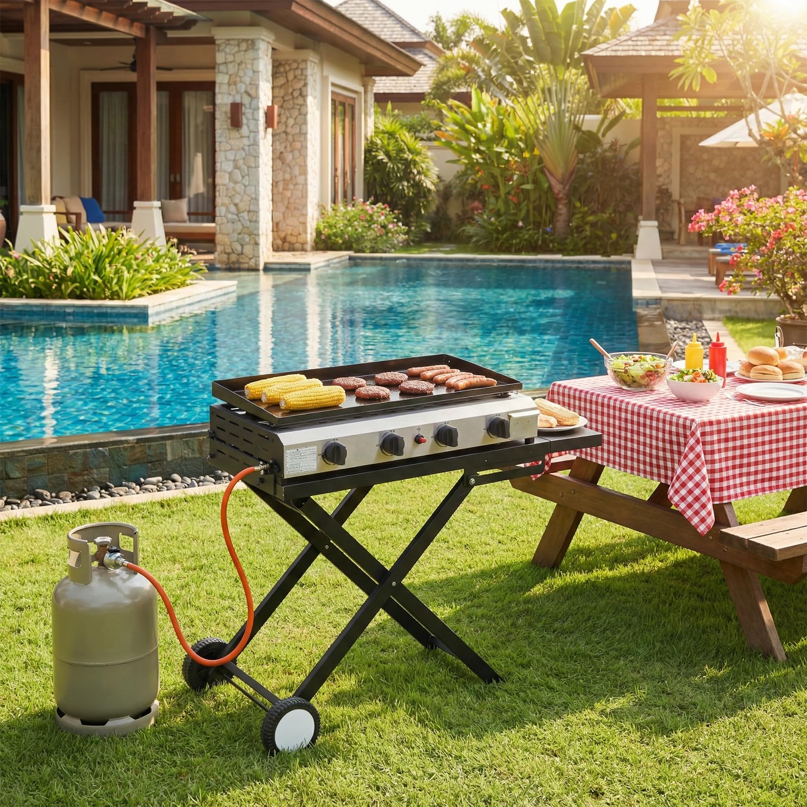 LEADZM Gasgrill Tragbarer 4 Brenner 9.6 kW Grill klappbar, Ausgestattet mit einem Druckminderungsventil - leicht zu verstauen
