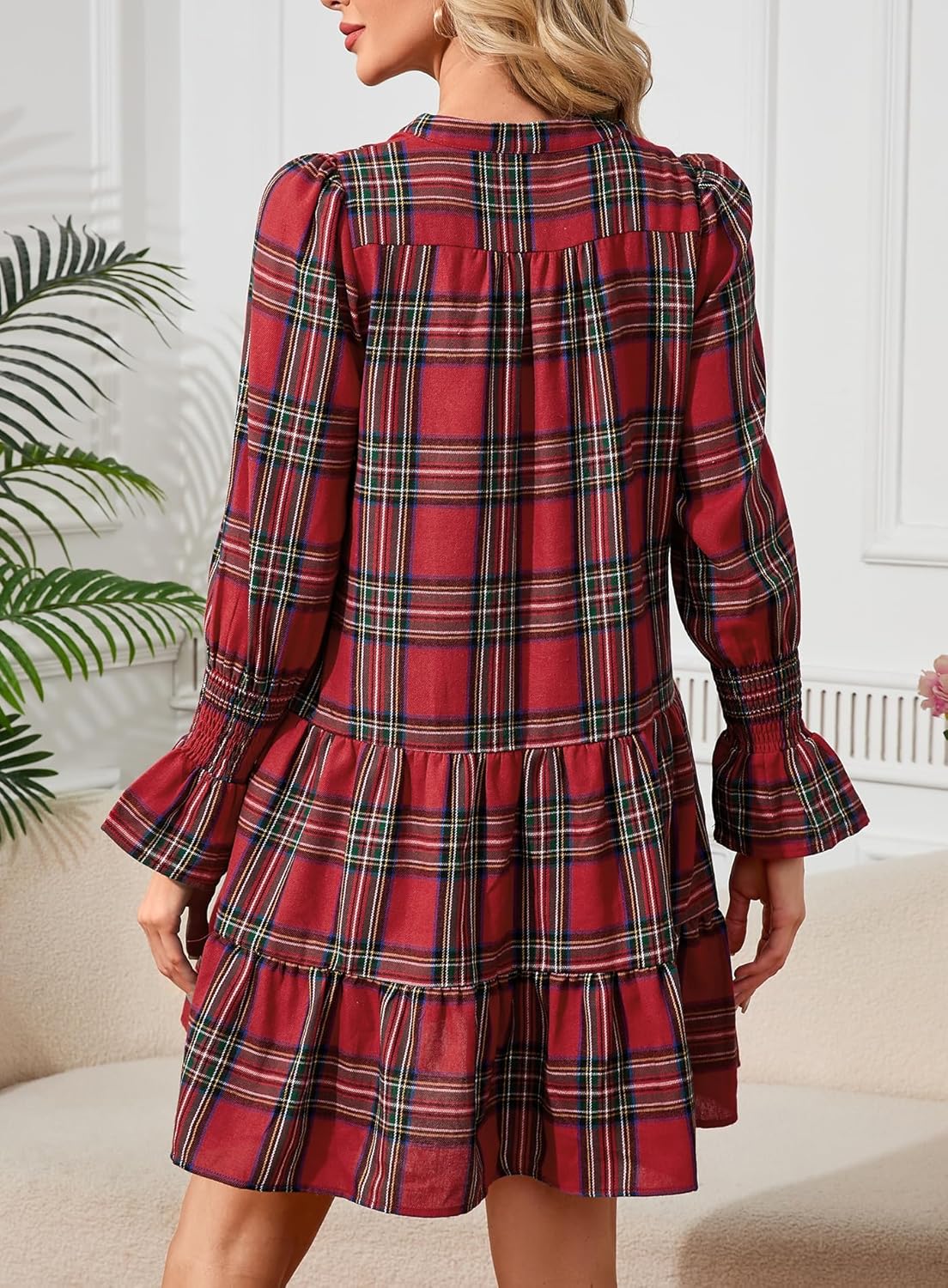 Ladyful Women's Long Sleeve Plaid Mini Dress Vintage V Neck Tiered Checkered Babydoll Ruffle Flowy Dresses - Image 3