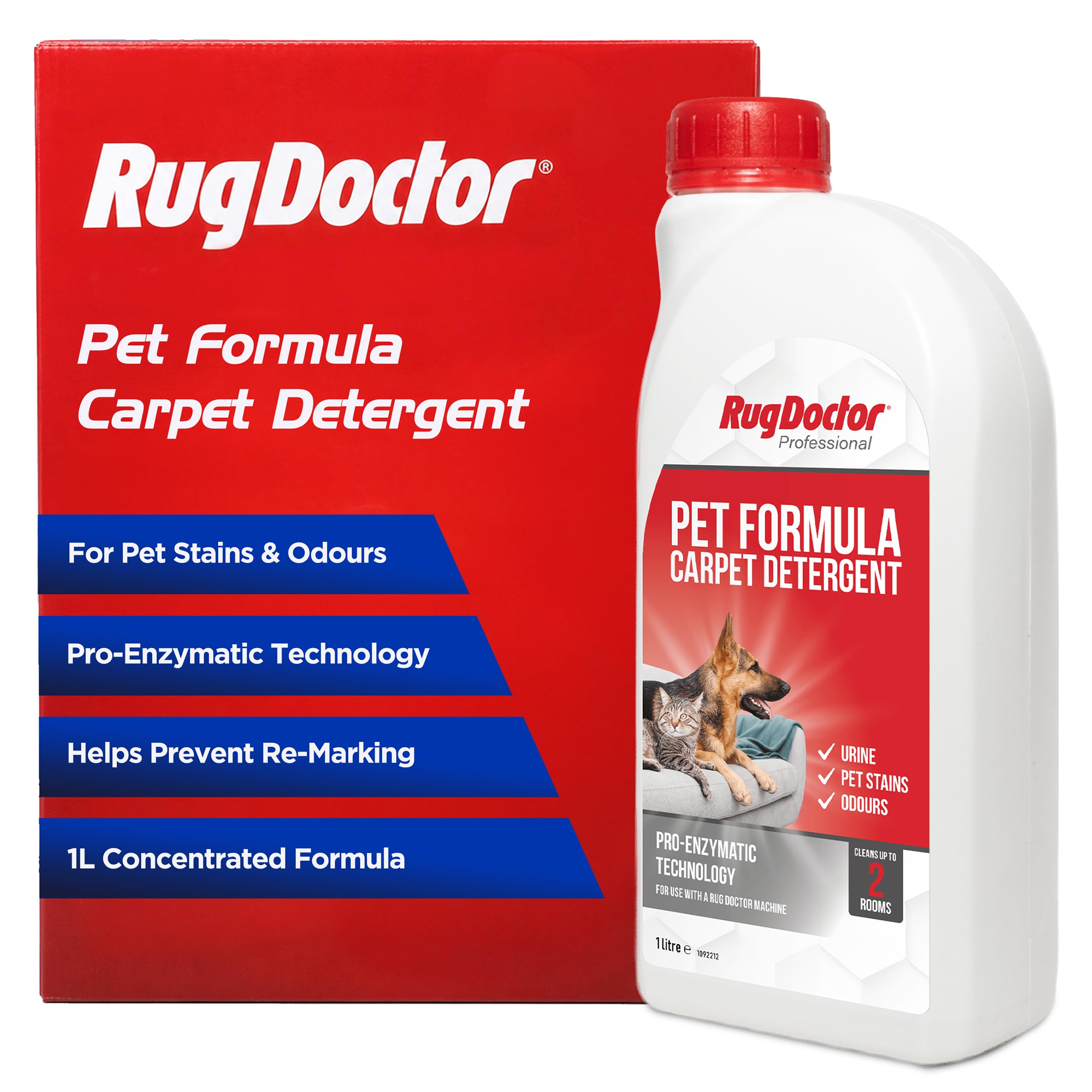 Rug Doctor Pet Formula Carpet Detergent | Pet Stain & Odour Remover – Tackles Urine, Blood, Sweat, & Vomit – Upholstery, Fabric and Carpet Cleaner Solution – 1Litre