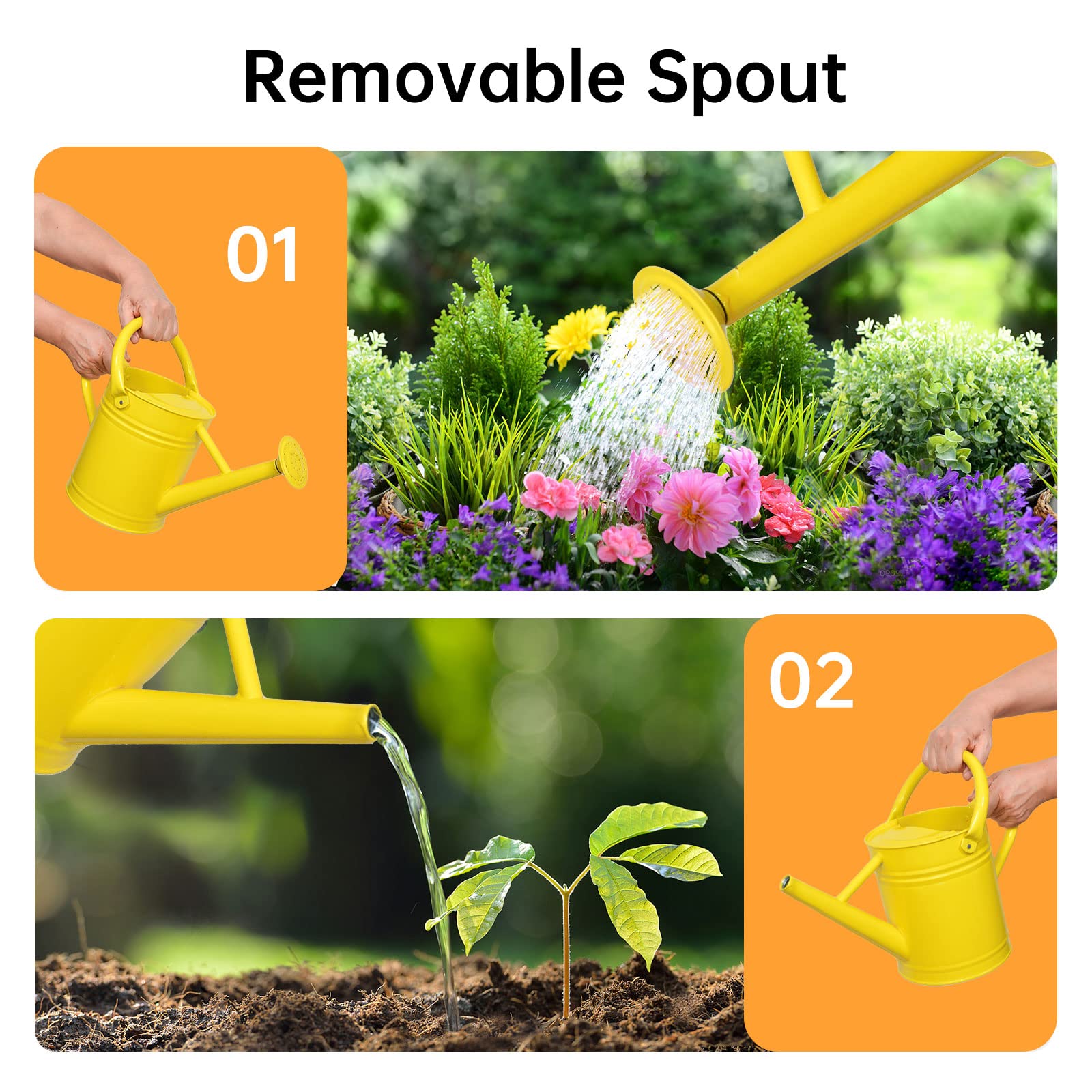 Metall-Gießkanne für Outdoor-Pflanzen, Gießkanne aus verzinktem Stahl mit abnehmbarem Auslauf, 3,5 l, perfekte Dekoration für Haus und Garten, Gelb