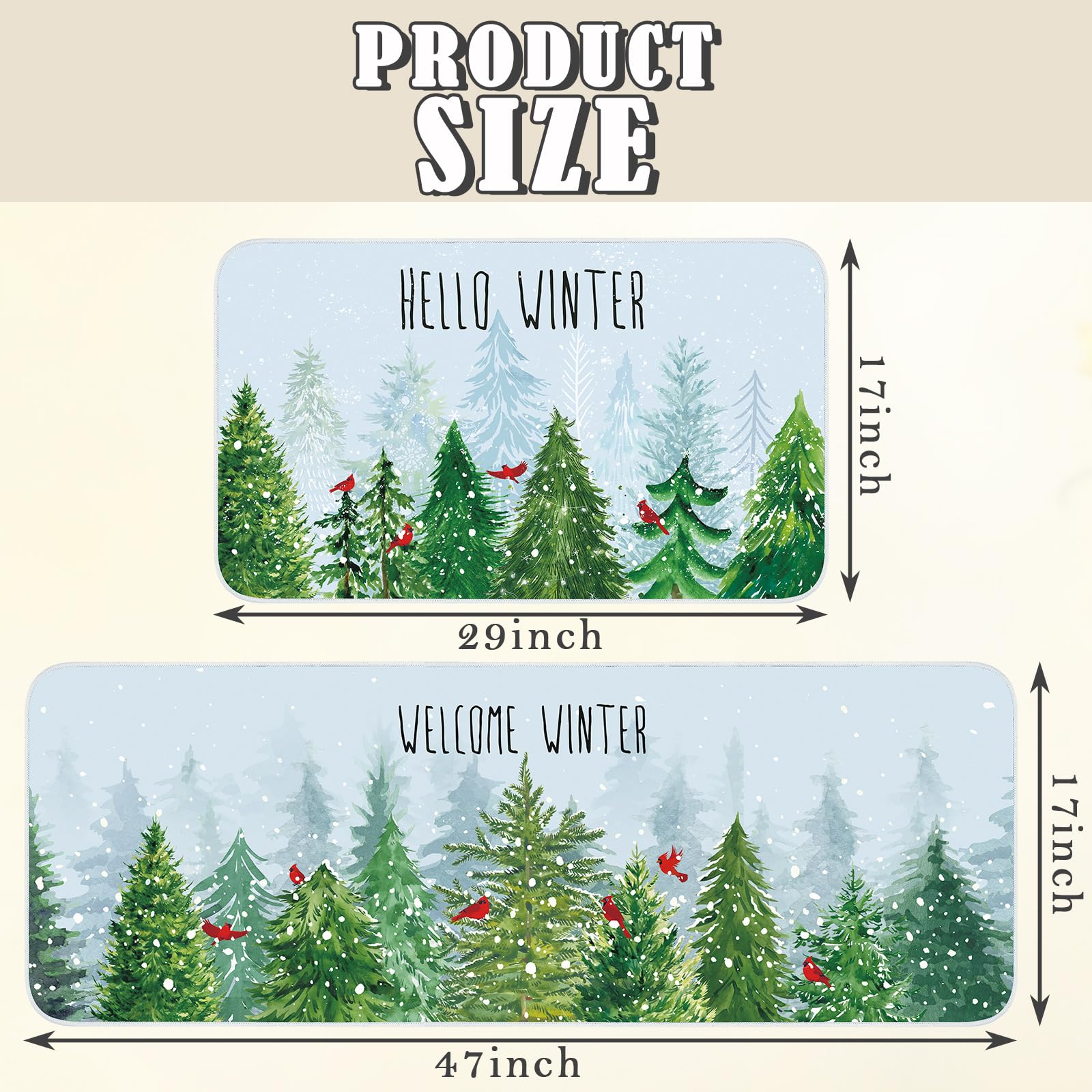 Suttmin Christmas Kitchen Rugs Sets of 2 Santa Claus Snow Gnome Non Slip Floor Mat Low Profile Plaid Winter Decorative Christmas Rug for Indoor Home Decorations, 17x29 and 17x47 Inch (Hello Winter)