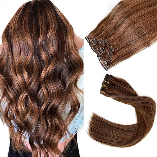 Clip in Hair Extensions, Chocolate Brown to Auburn Clip in Hair Extensions Real Human Hair Clip ins, 18 Inch 7 Pieces 70G Double Weft Straight Remy Human Hair Clip in Extensions