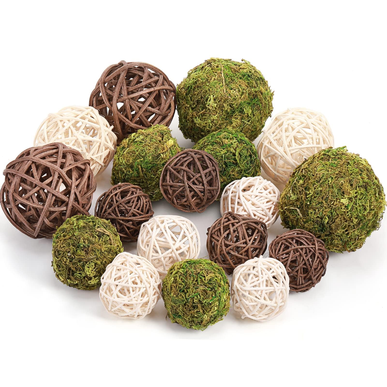 Chielor 18 Pcs Green Moss Decorative Balls Wicker Rattan Cord Balls Set, Vase Bowl Filler Balls Hanging Balls for Christmas Garden Home Wedding Party Decoration Coffee Table
