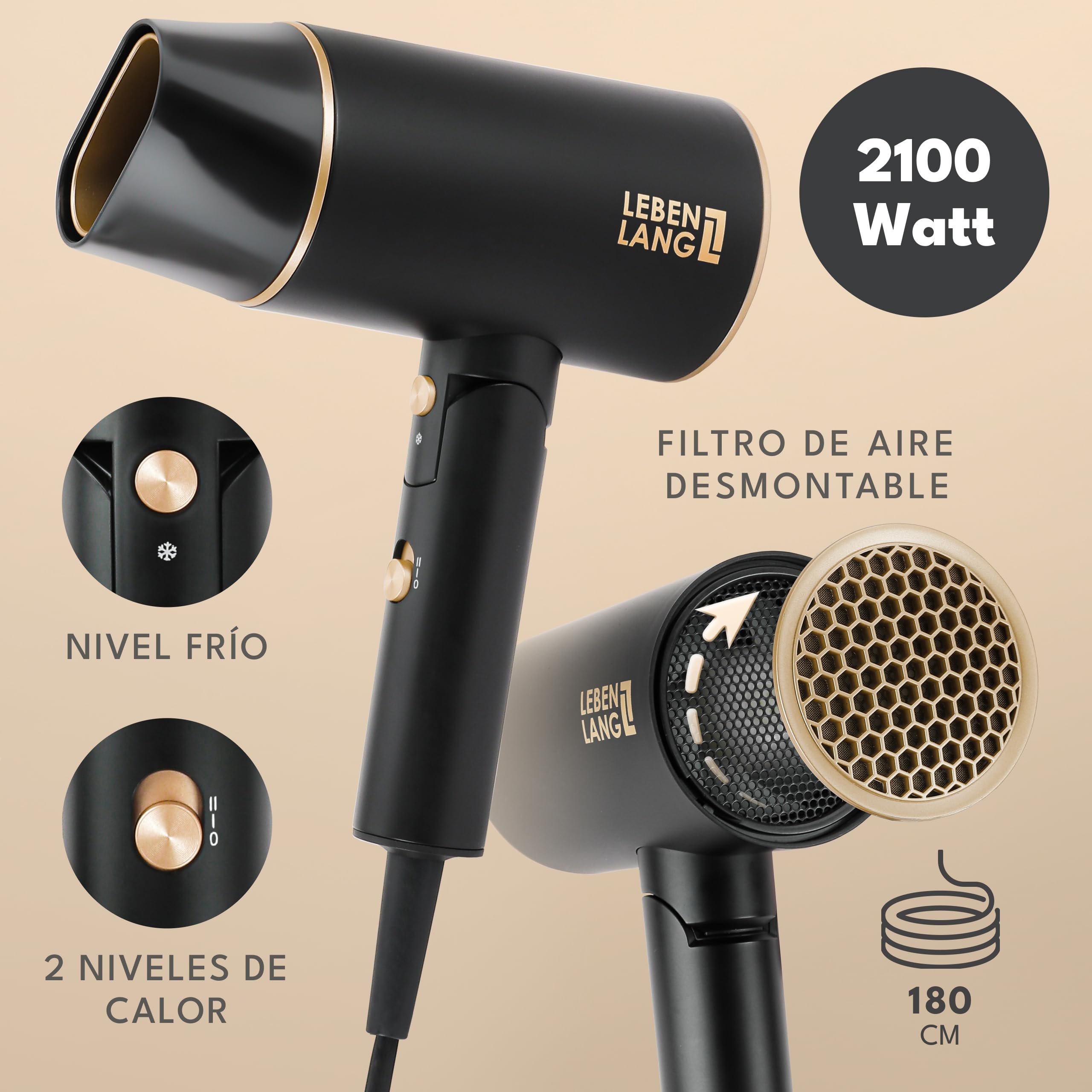 LEBENLANG Secador Pelo Ionico 2100W - Anti-Spliss con modo de Aire Frío