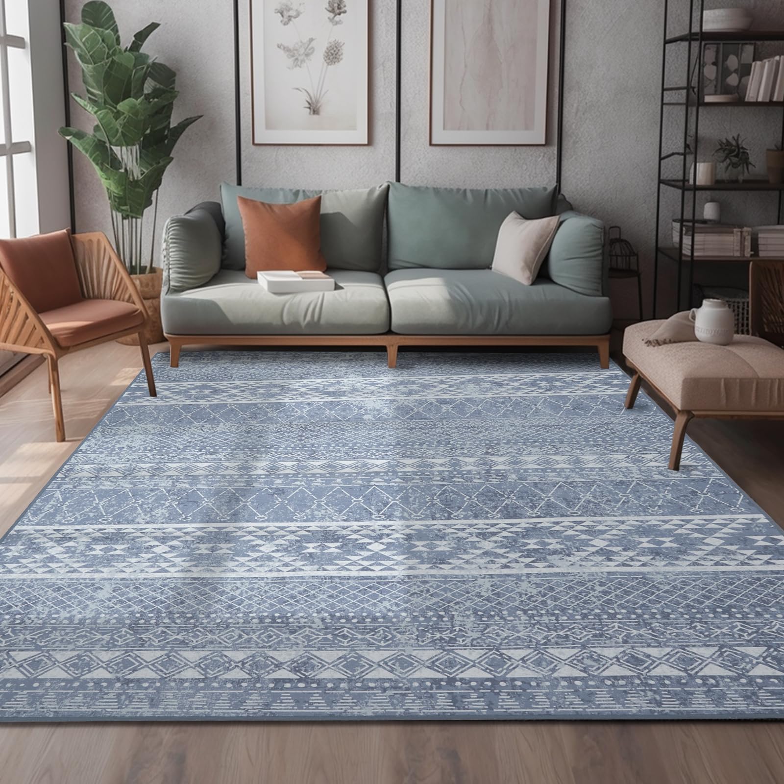 Disolla Area Rugs for Living Room 5x7 Home Decor Washable Non-Slip High Traffic Floor Mat for Bedroom Dining Room Dorms Easy Care Soft Boho Floor Rugs Carpet for Indoors, Blue