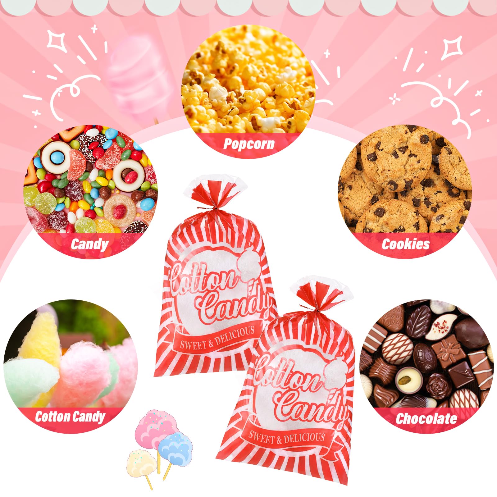 DEXLALA Lot de 500 sacs à bonbons en coton avec attaches, 30 x 45 cm, parfaits pour les bâtons de barbe à papa et les cônes de barbe à papa, accessoires en vrac pour carnavals et fêtes
