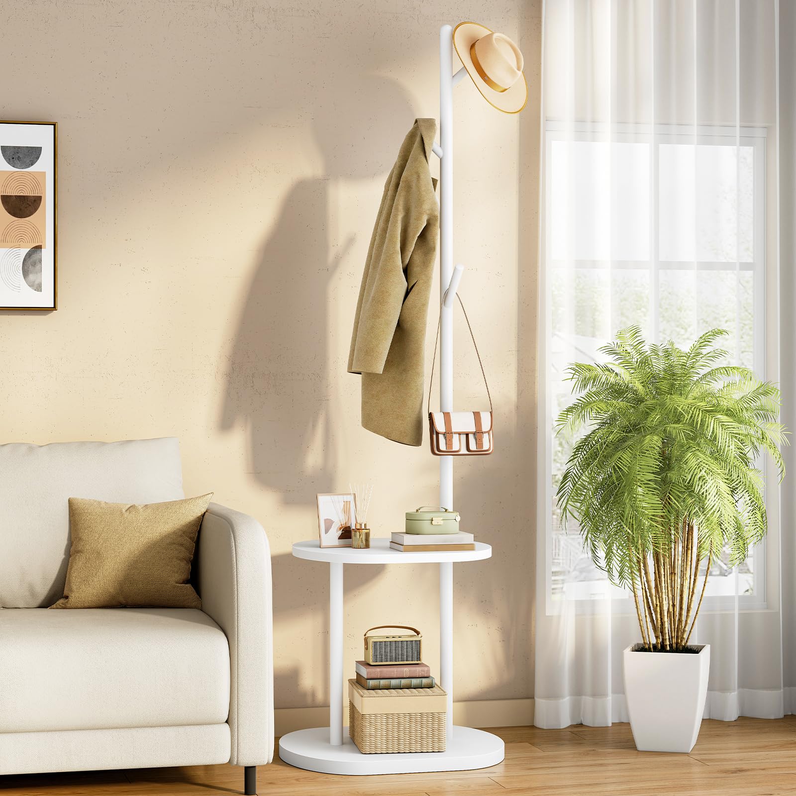 HOOBRO Perchero con 4 Ganchos, Perchero de Pie para Entrada con 2 Estantes, Colgador para Ropa, Sombreros y Bolsos, Adecuado para Dormitorio, Sala y Pasillo, Blanco EWT50YM01