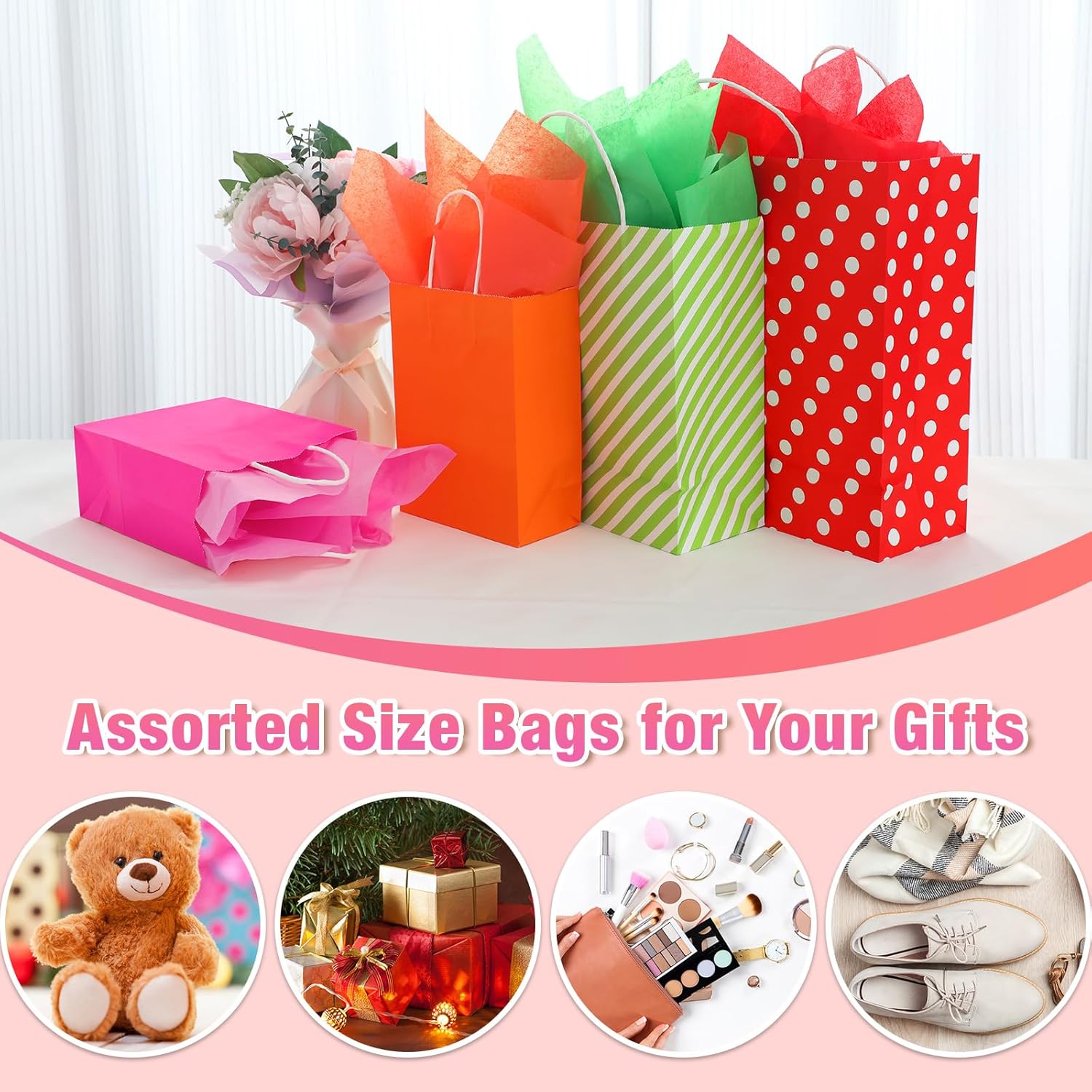 Tenceur 28 Pcs Stripes Gift Bags Assorted Sizes Bulk with 56 Tissues Papers Colorful Gift Bags with Handles for Birthday Party Favor Various Occasions, 8.3 in Small, 10.6 in Medium, 12.6 in Large - Image 5
