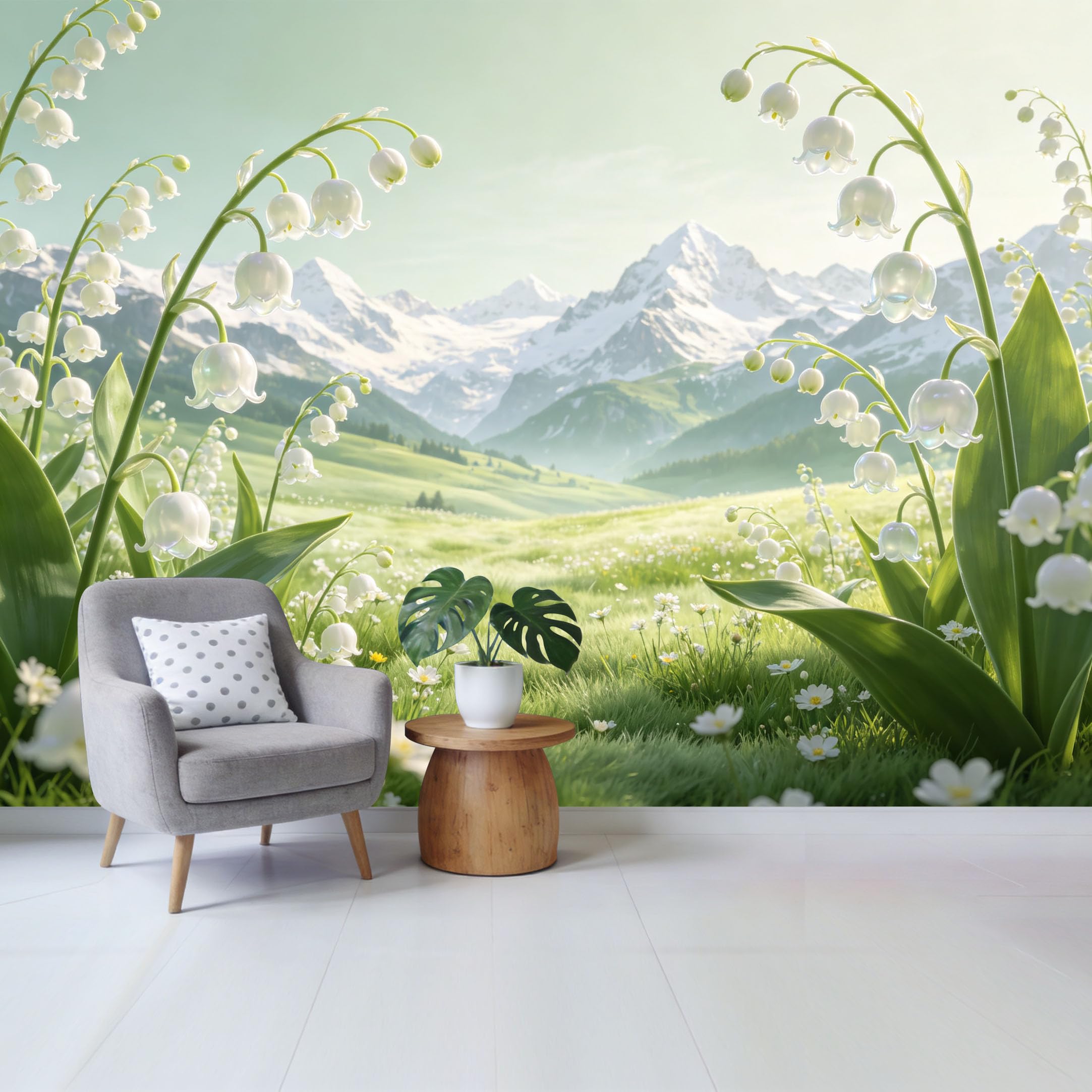 Qzlithotic Yq2605250325 Custom Size Wall Mural Lily Of The Valley Flower Meadow Snowy Mountain Landscape Botanical Art Selfadhesive Wall Fabric Removable Wallpaper For Home Office Decor