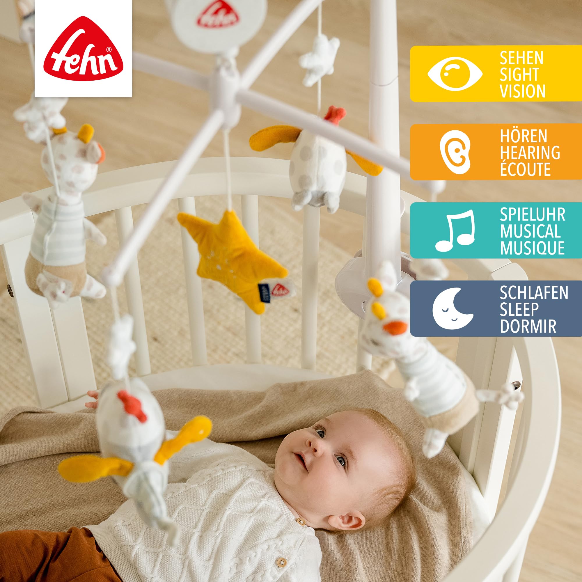 Fehn Mobile musical Gute Nacht - Mobile à remonter avec mélodie musicale Sais-tu combien il y a d'étoiles et figurines pour apaiser et occuper - Avec fixation au lit pour bébé de 0 à 5 mois
