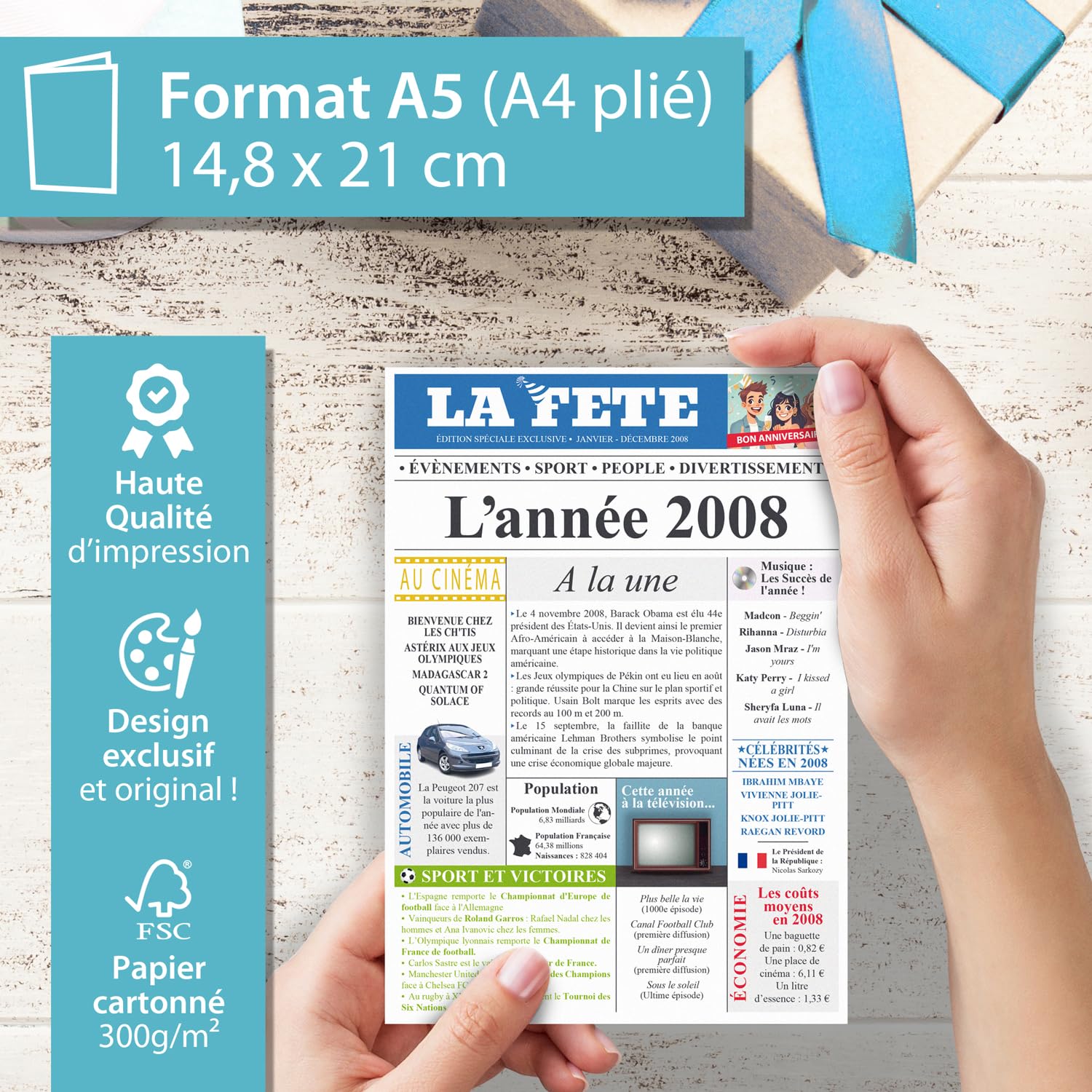 Carte Anniversaire 18 Ans Design Original Journal Année 2008 Format A5 Avec Enveloppe