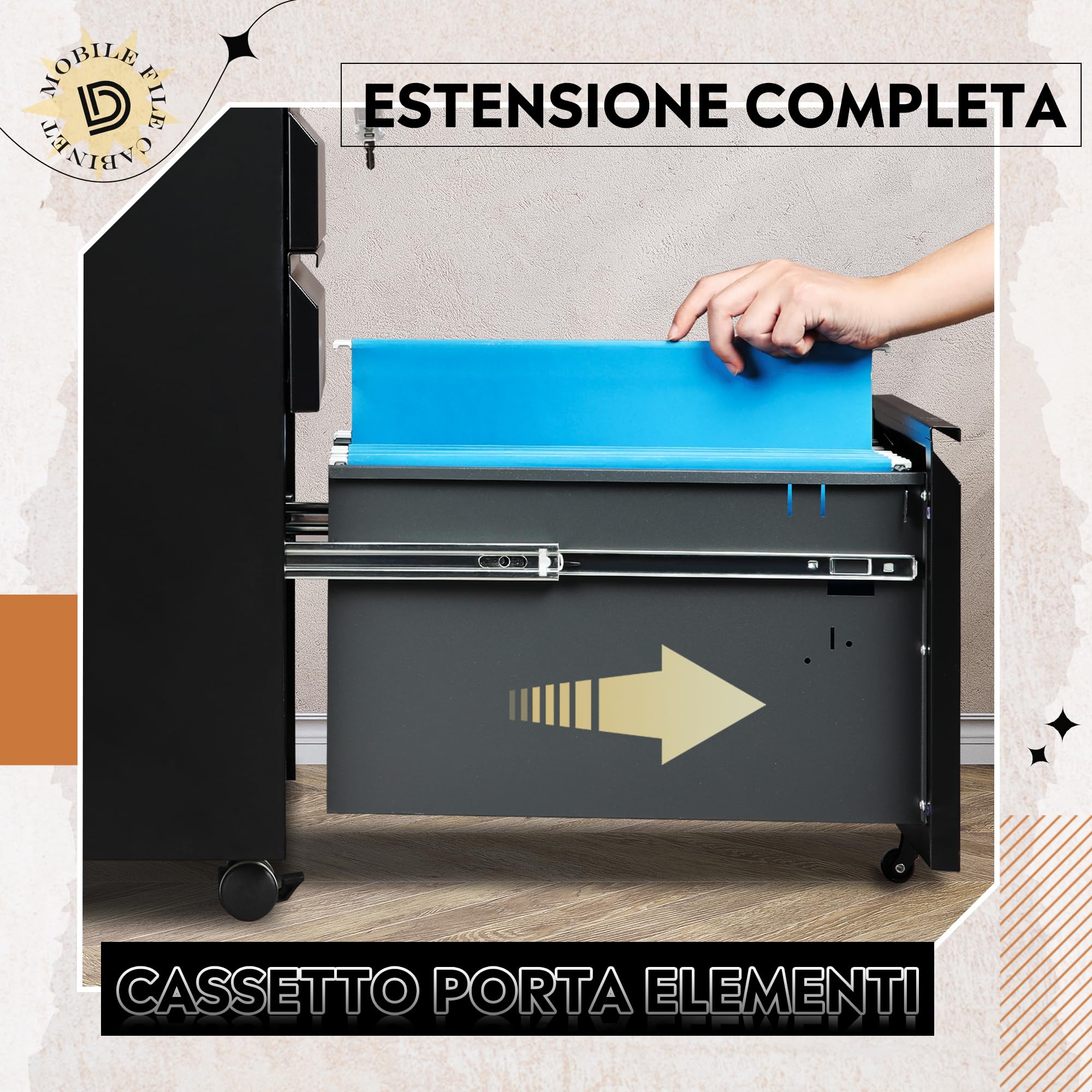 DEVAISE Carrello Portadocumenti con 3 Cassetti Bloccabili, Mobile Ufficio Multifunzione, Scaffale Stampante e Cassettiera con Ruote,Nero