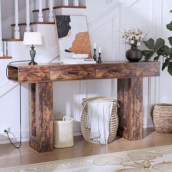Spaco 63" Long Console Table with Power Outlet,Farmhouse Entryway Table with 2 Drawers,Wood Sofa Table Behind The Couch for Living Room,Hallway,Foyer. Reddish Brown