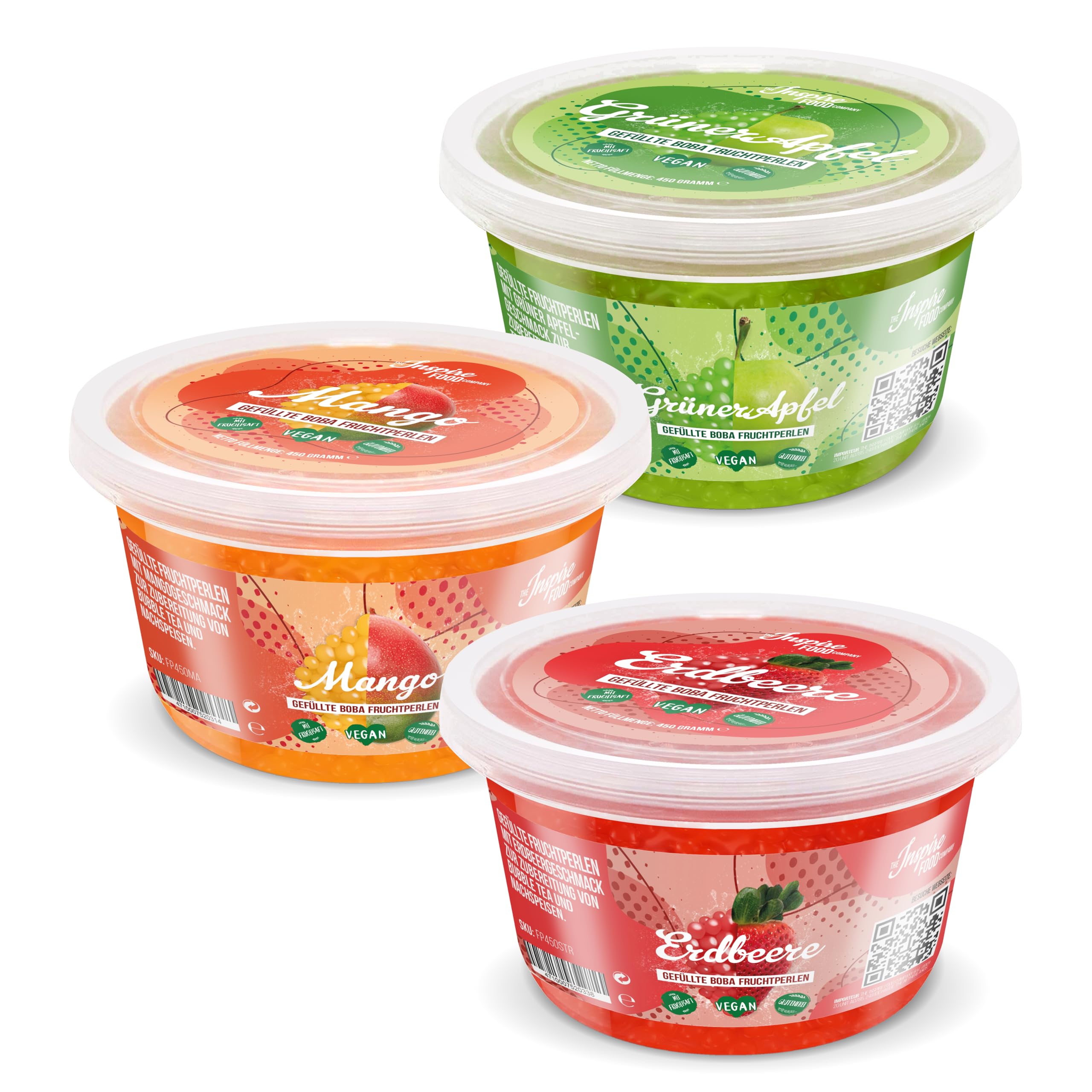 INSPIRE FOOD Bubble Tea Perlen Set - 3er-Pack Popping Boba Fruchtperlen | Erdbeere, Mango, Grüner Apfel | Tapioka Perlen 100% vegan und glutenfrei, ohne künstliche Farbstoff, je 450g