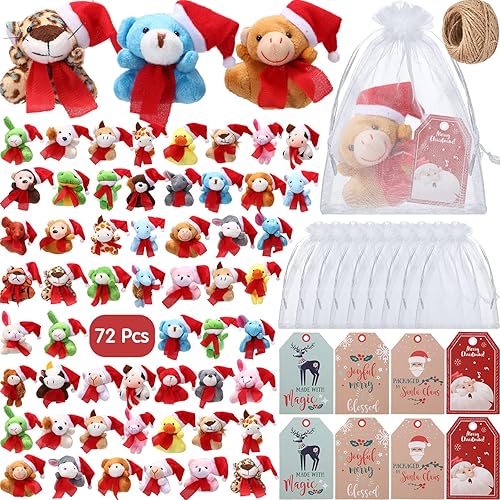217 mini animales de peluche de Navidad de 4.72 pulgadas con etiquetas de regalo de Navidad y bolsas de organza, pequeños llaveros de Navidad,