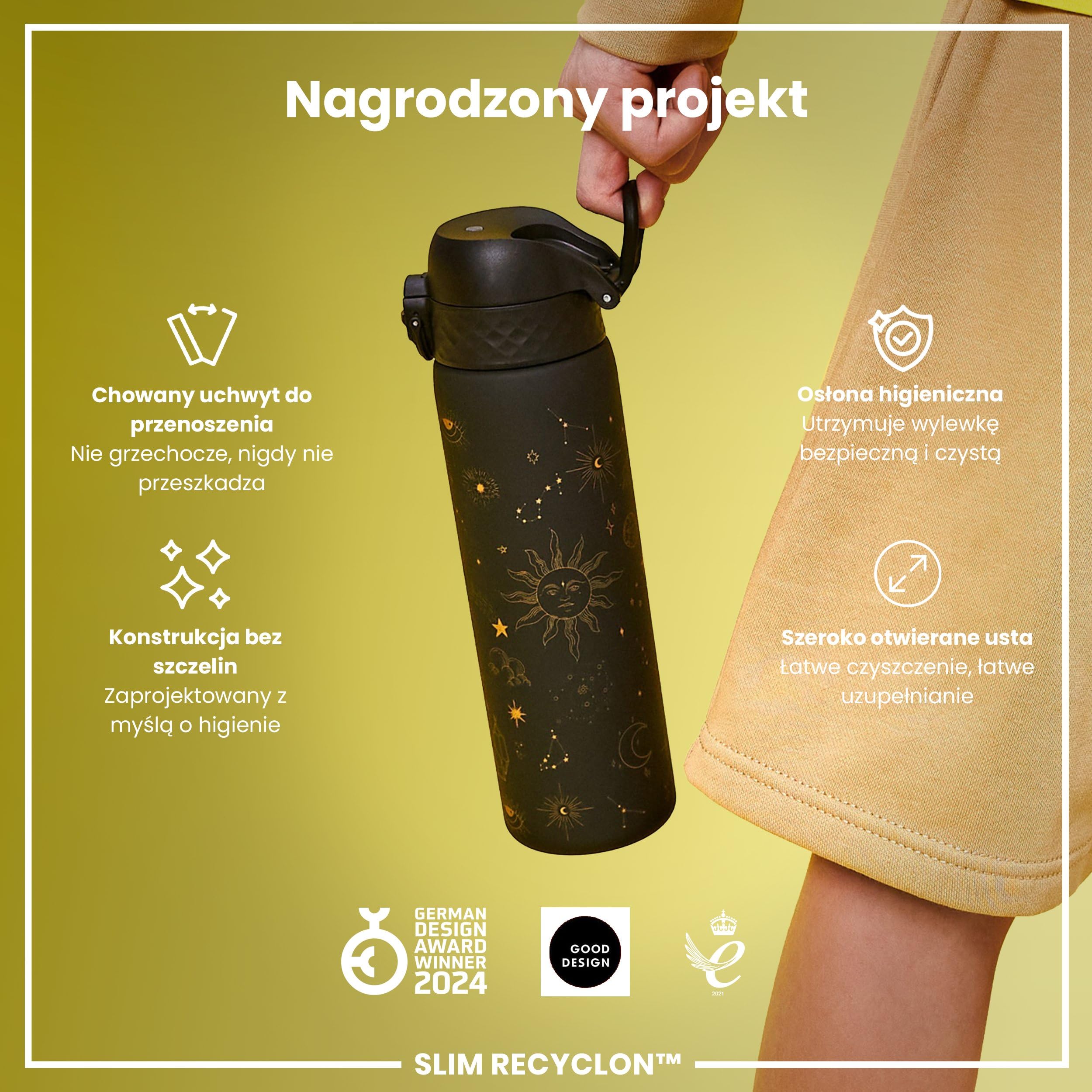 ION8 Butelka na Wodę, 500 ml/18 oz, Szczelna, Łatwe Otwieranie, Bezpieczny Zamek, Można Myć w Zmywarce, Bez BPA, Higieniczne Pokrycie, Uchwyt do Przenoszenia, Łatwa Czyszczenie, Kosmiczny Wszechświat