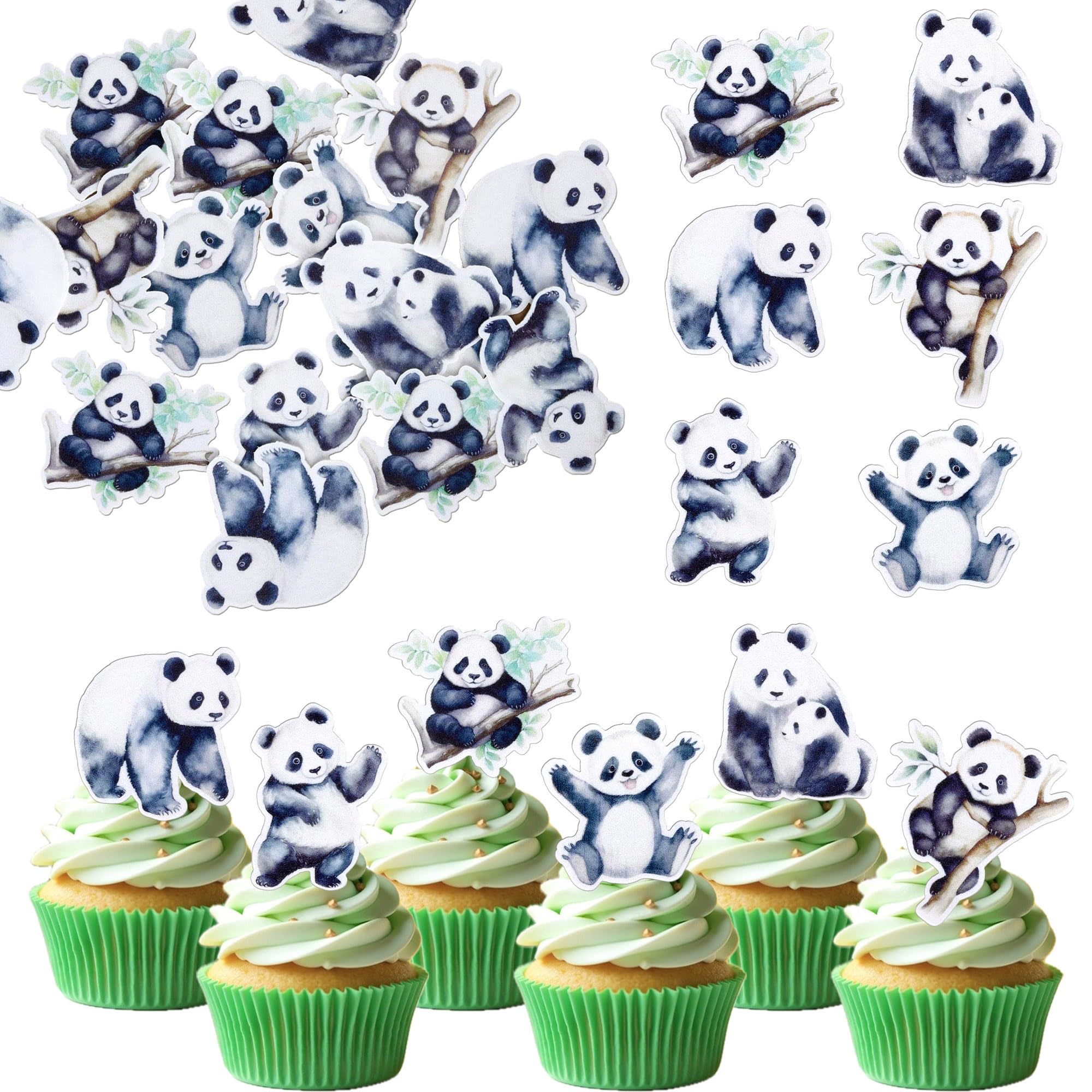 Pack of 60 Edible Panda Cupcake Toppers Waffle Paper Green Bamboo Cake Decoration Cute Animal Bear Cake Decoration for Baby Shower Children Birthday Animal Theme Party Cake Decorations