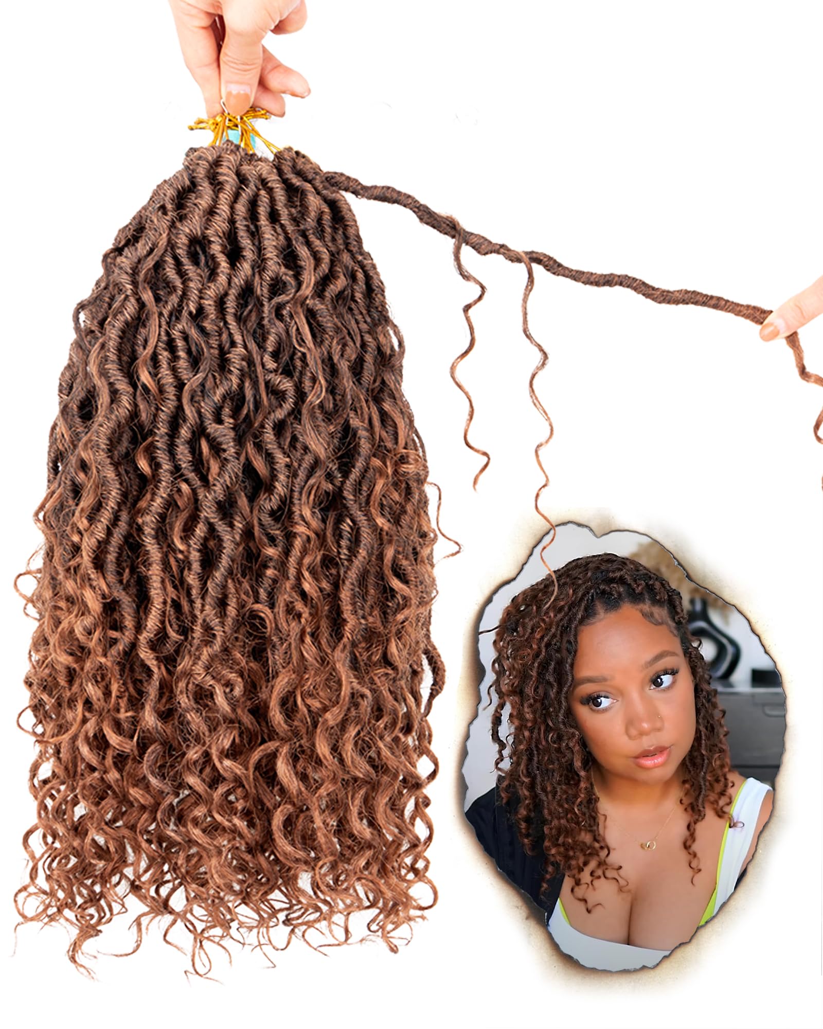 14 Inch 8 Packs Goddess Faux Locs Crochet Hair for Black Women-Ombre Brown,Soft River Locs,Curly Faux Locs With Bohemian Curly Branch,Pre Looped