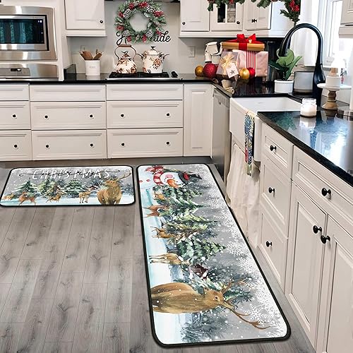 Miniatura 11 de Juego de 2 alfombras y tapetes de cocina navideños, decoraciones navideñas para el hogar con respaldo antideslizante, alfombra de cocina de